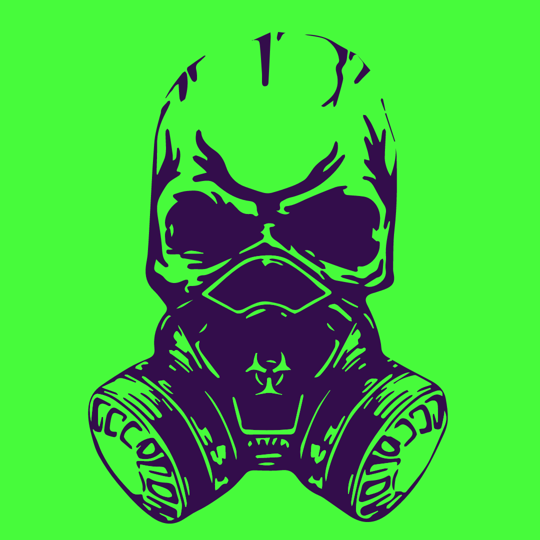 Stylized illustration of a gas mask with a skull design on the front, purple lines on a bright green background.