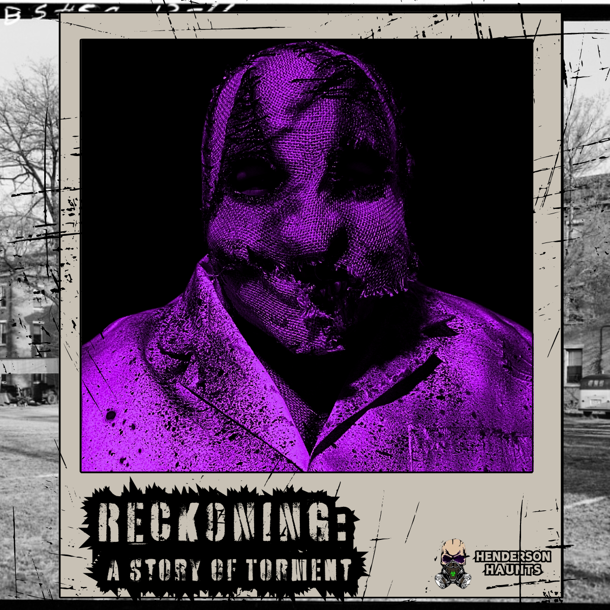 A stylized image of a person with a distorted face, colored in purple, with a background that appears to be a public park or street scene in black and white. The image has a gritty, gritty art style with text that reads "Reckoning: A Story of Torment" and a small logo for Henderson Haunts.