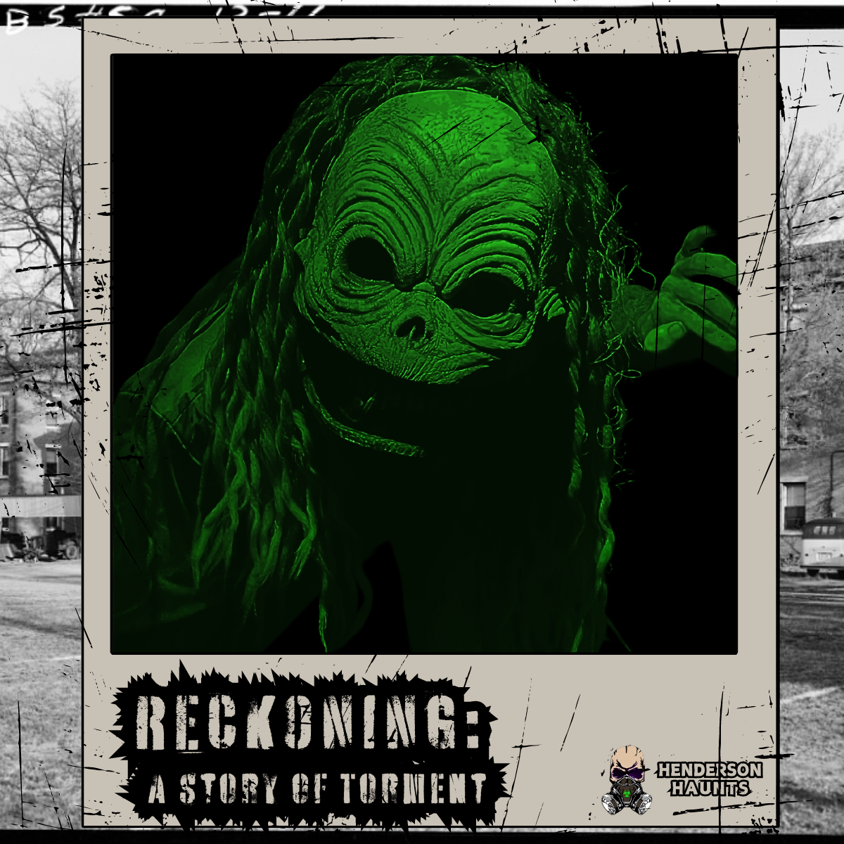 A poster featuring a green-toned mask resembling an alien or creature with dreadlock-like hair and hollow eyes, promoting a story called 'Reckoning: A Story of Torment' by Henderson Haunts, with grungy and scratched design elements.