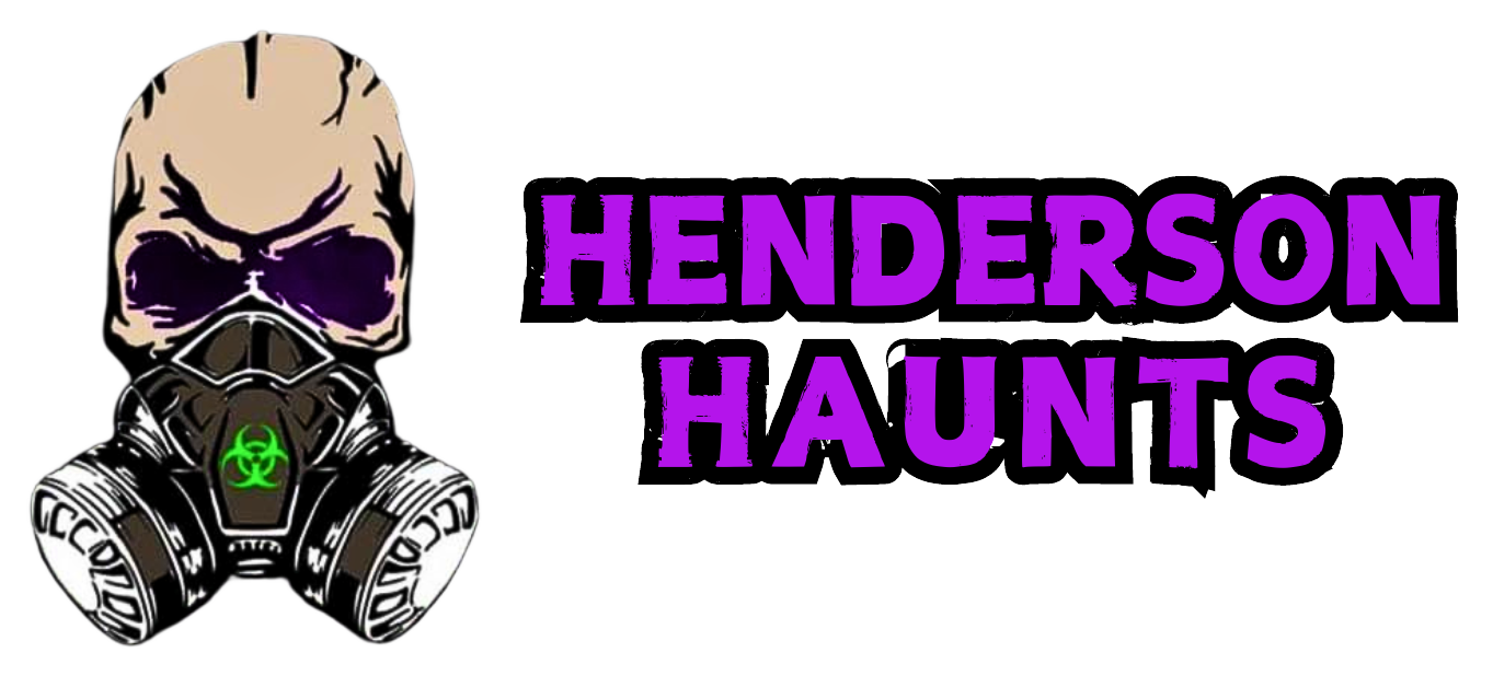 Illustration of a skull wearing a gas mask with a green biohazard symbol, and purple text that says 'HENDERSON HAUNTS'.
