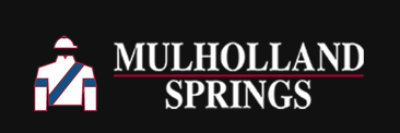 Mulholland Springs logo with a stylized white horse head on a black background