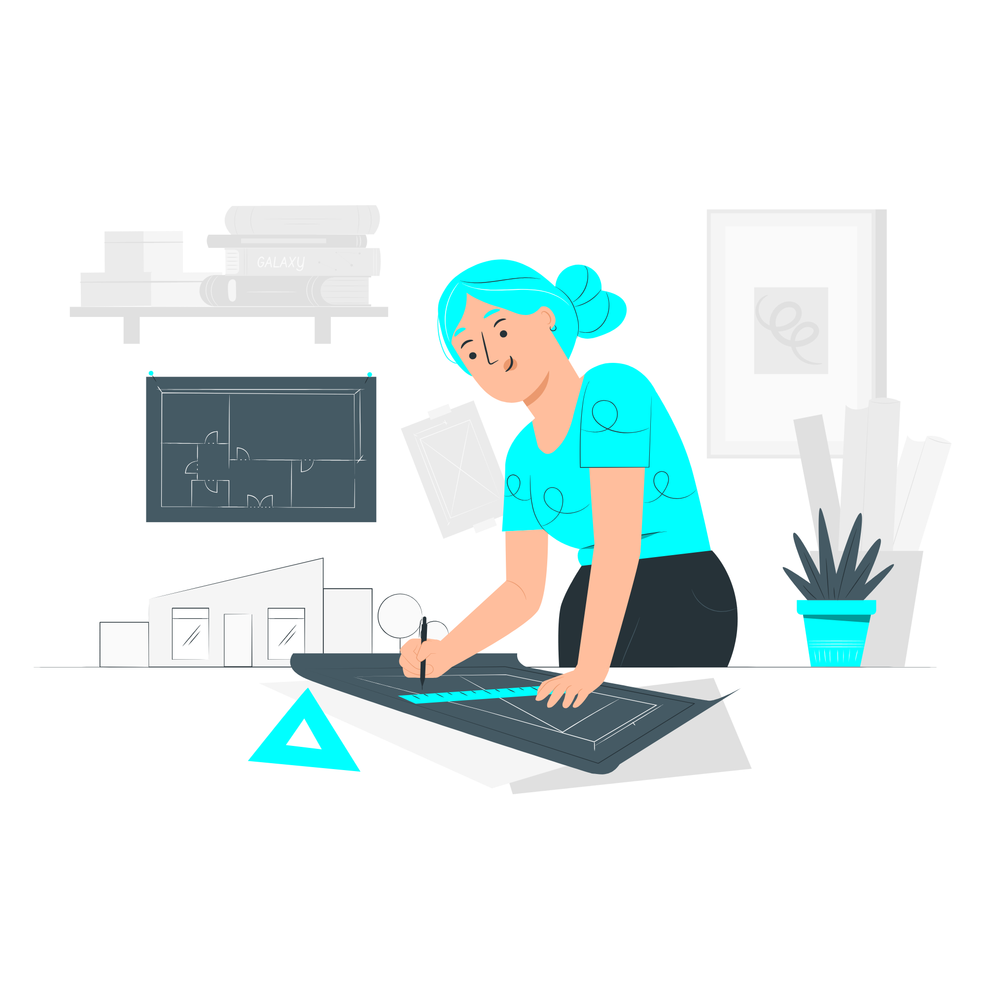 illustration of a female architect looking at plans on her desk