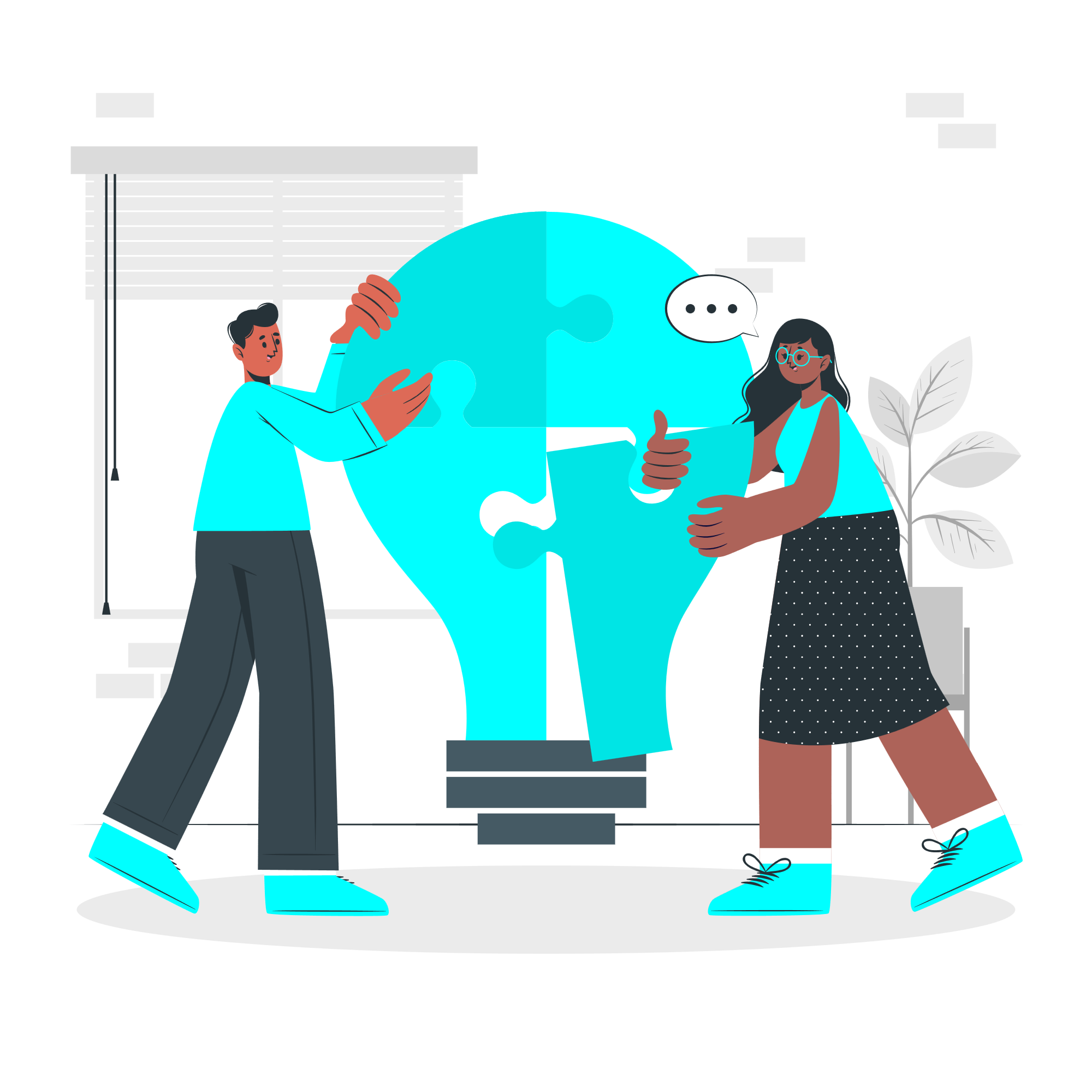 illustration of a man and a woman, collaborating and building a big idea