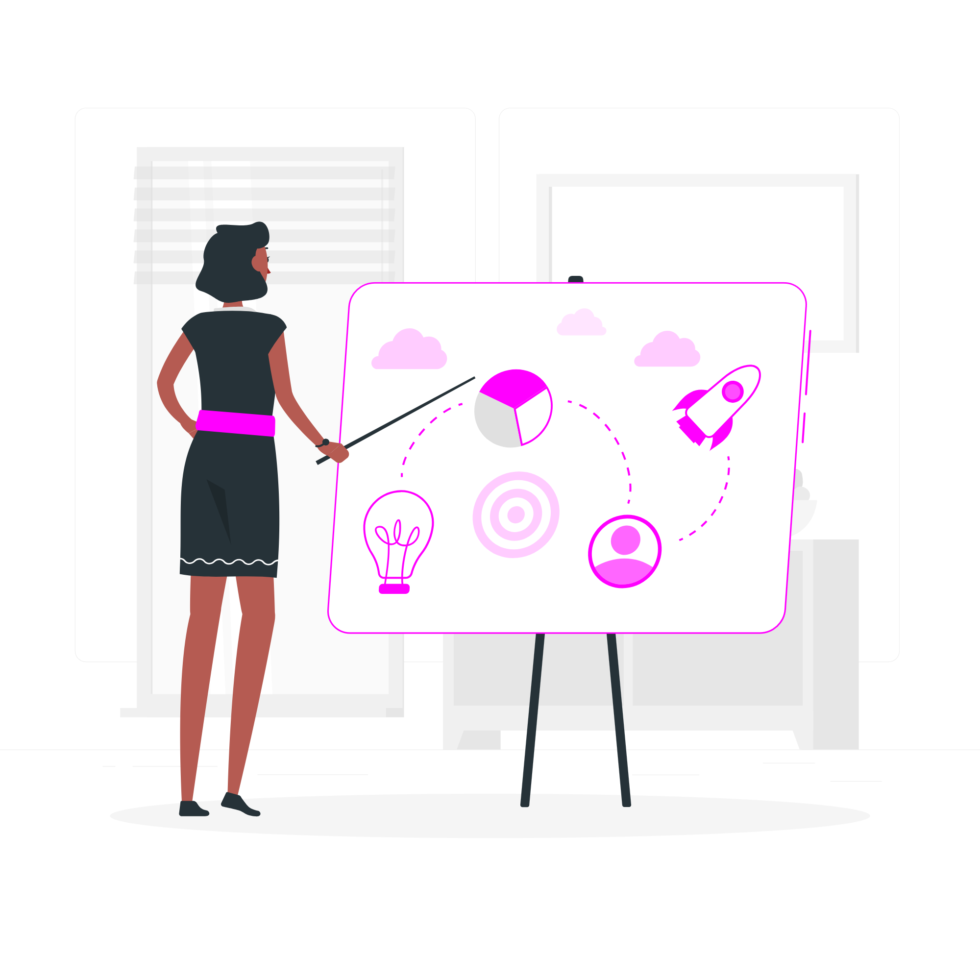 illustration of a woman, planning her business strategy on a whiteboard