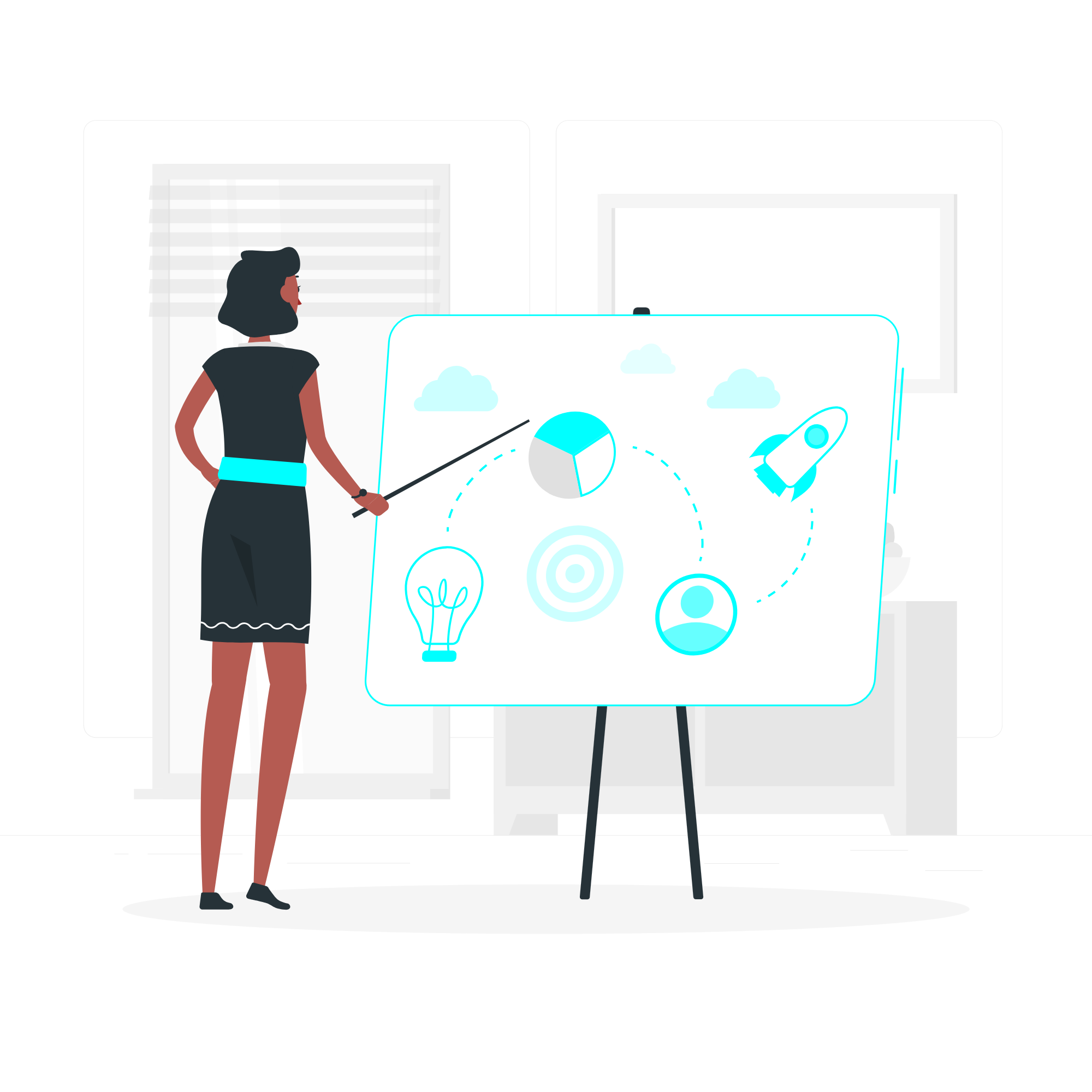 illustration of a woman, brainstorming business ideas and making a plan