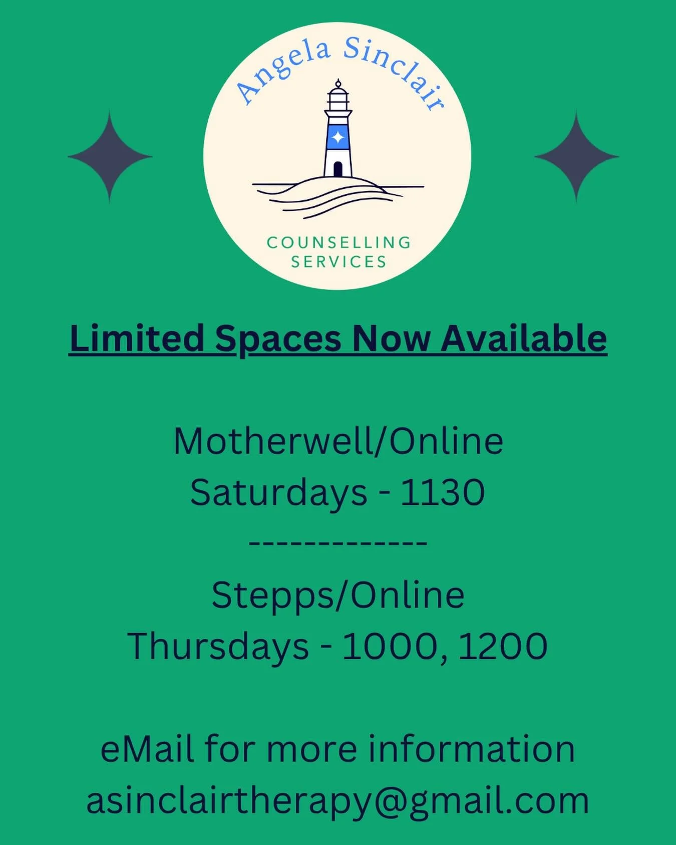 I now have one or two spaces available for new clients, either in person or online.

Get in touch for more information or check out my website 

#cbt #cbttherapy #mentalhealth #counselling #selfcare 

asinclairtherapy@gmail.com
angelasinclairtherapy.