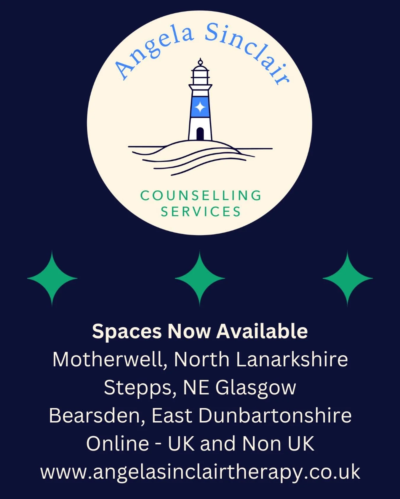 I have spaces available for in person and online therapy. Get in touch for more details or check out my website
angelasinclairtherapy.co.uk