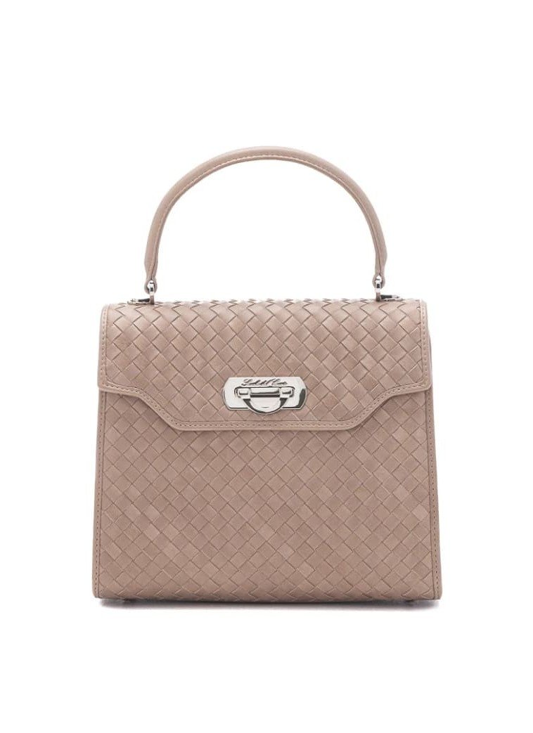 Beige handbag with woven pattern and silver clasp