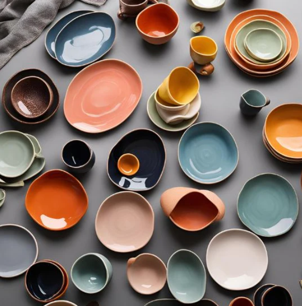 A variety of handmade colorful ceramic bowls and cups arranged on a gray surface.