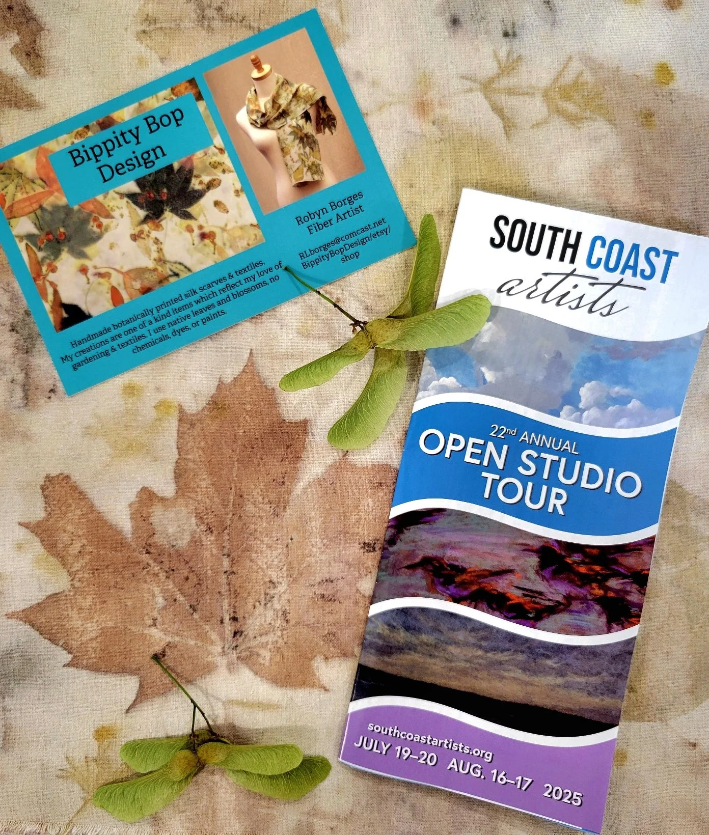 Bippity Bop Design postcard next to a South Coast Artists Open Studio Tour brochure