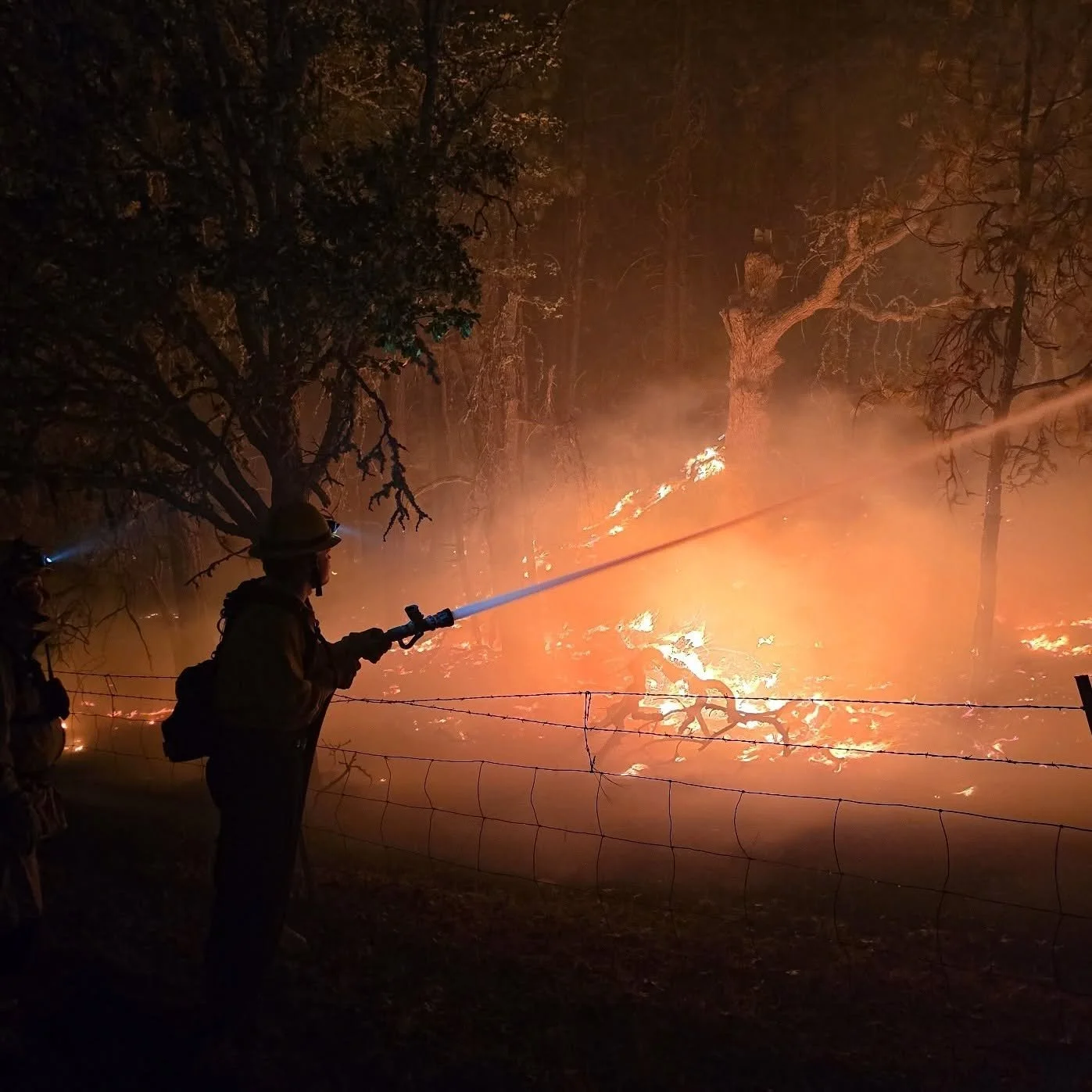 A firefighter battles the Grasshopper Fire at night in August. (Courtesy of the U.S. Forest Service)