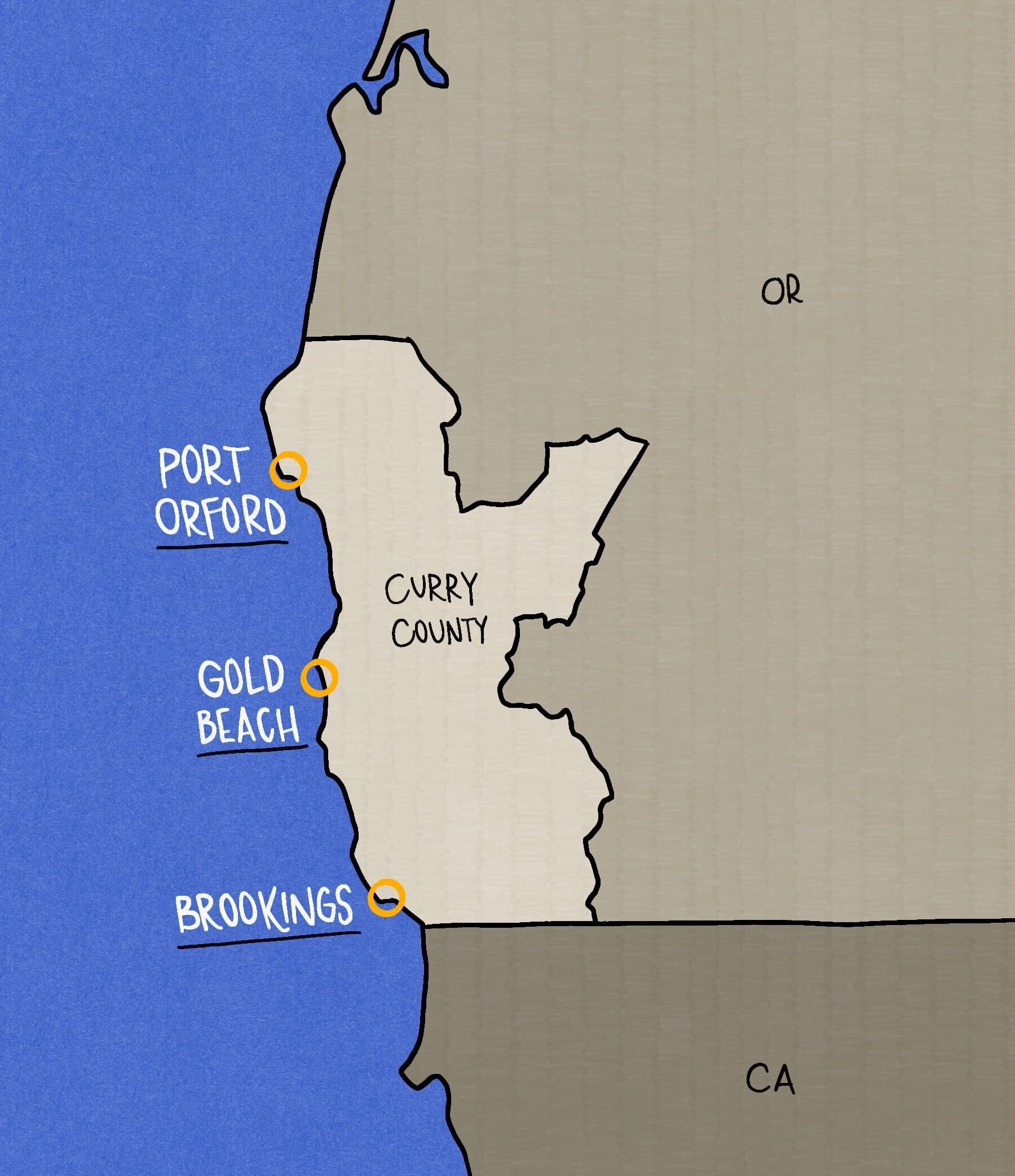 There are three incorporated cities in Curry County. Gold Beach is the county seat. (Illustration by Whitney McPhie)