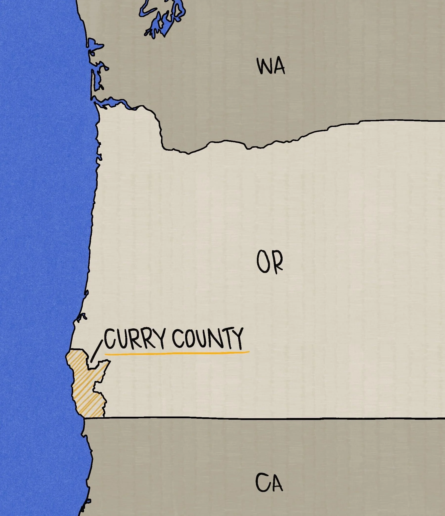 Curry County is nearly as close to San Francisco as it is to Portland. (Illustration by Whitney McPhie)