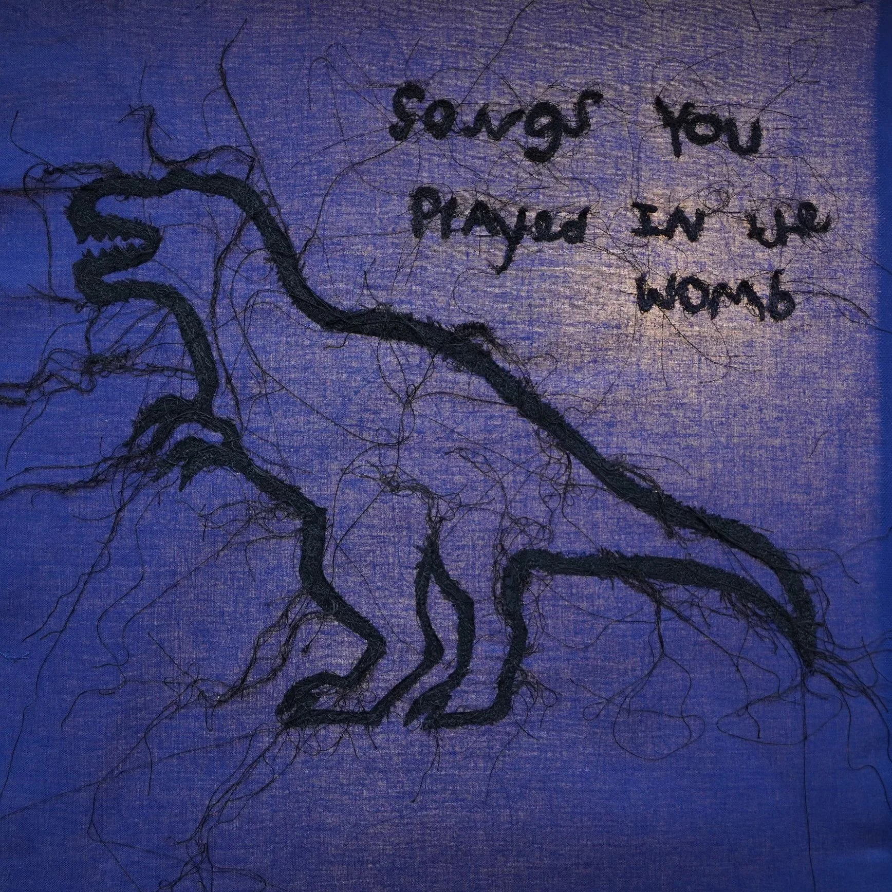 'Songs You Played in the Womb', 2024. Cotton fabric, black serger  thread, water soluble stabilizer, double sided fusible fabric adhesive.