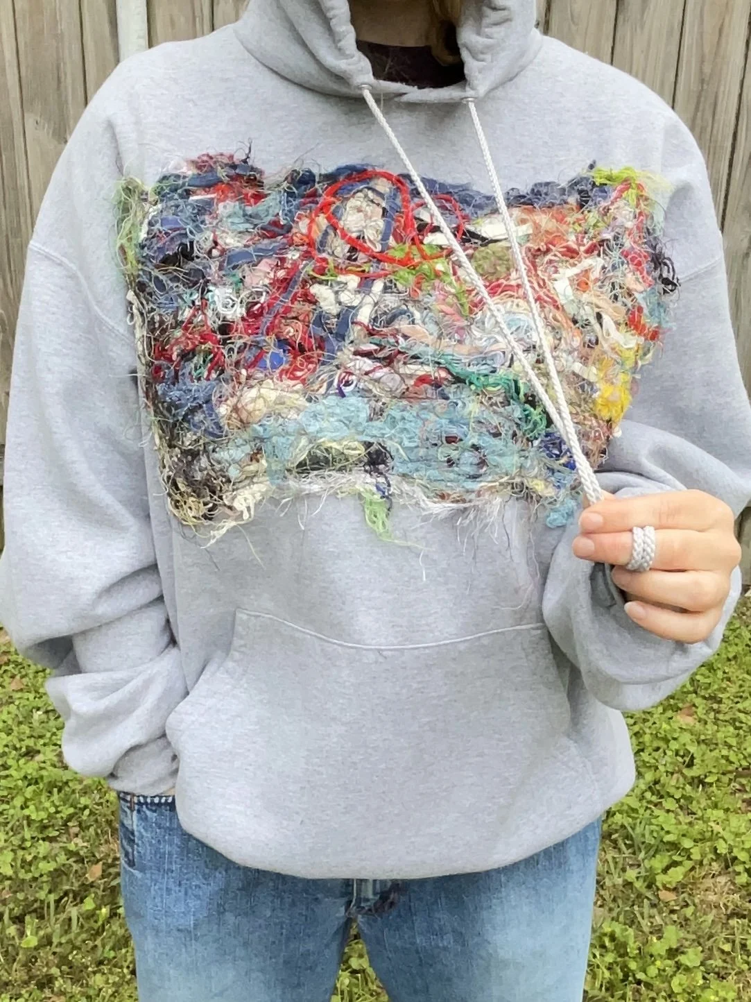 2025. Second hand Champion sweatshirt, salvaged threads, water soluble interfacing. 