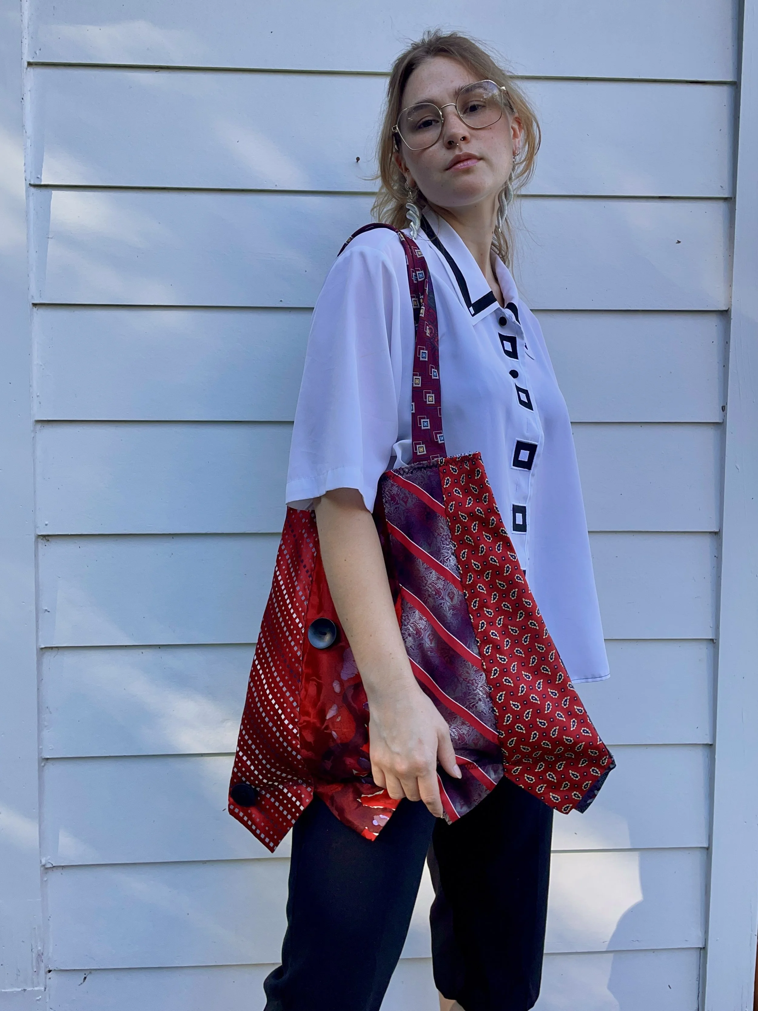 Tie Tote. 8 thrifted ties, cotton lining, vintage buttons. 
