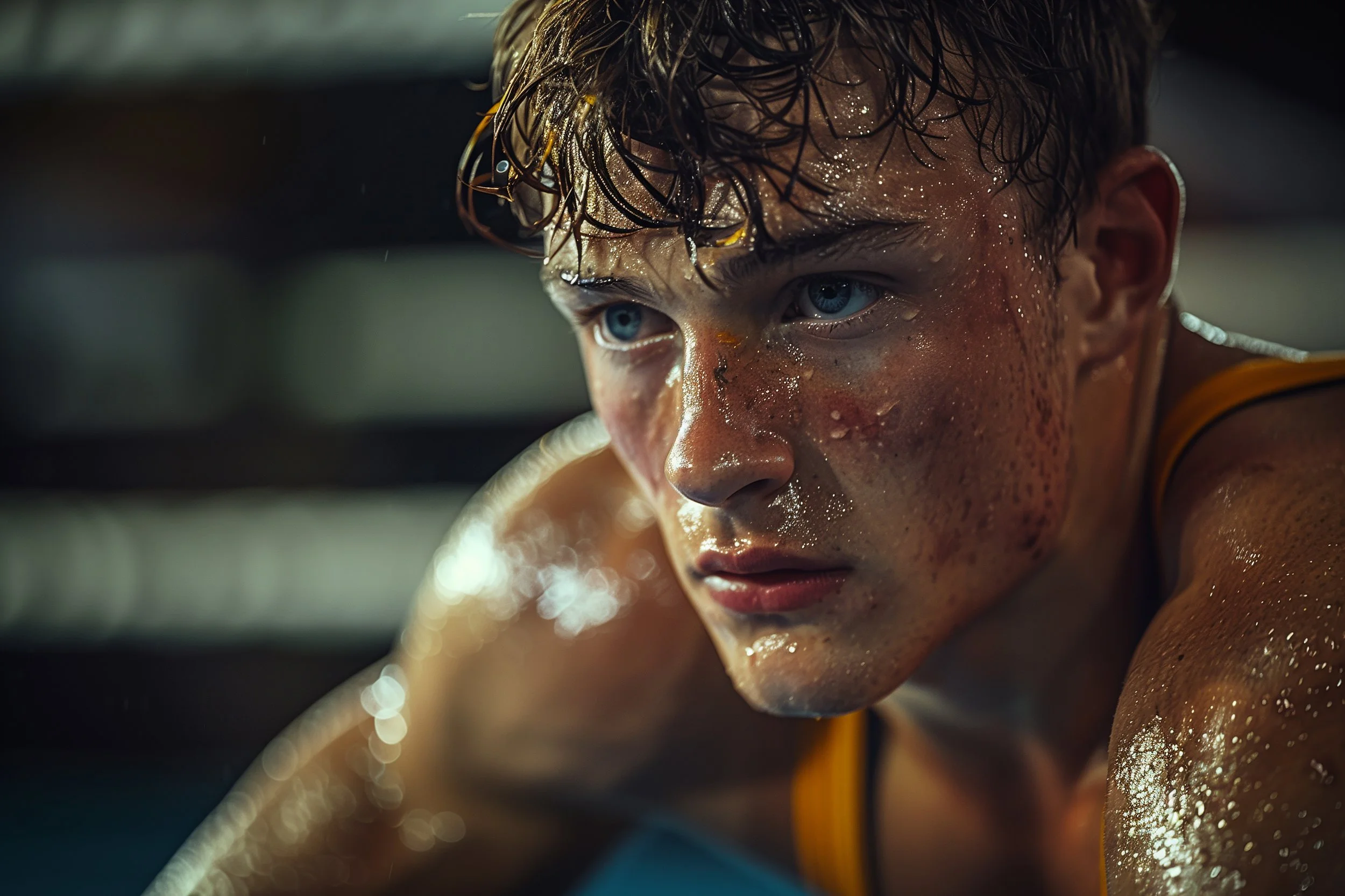 Close-up of a young male athlete with wet hair and face, intense expression, and sweat, likely during or after a physical activity.