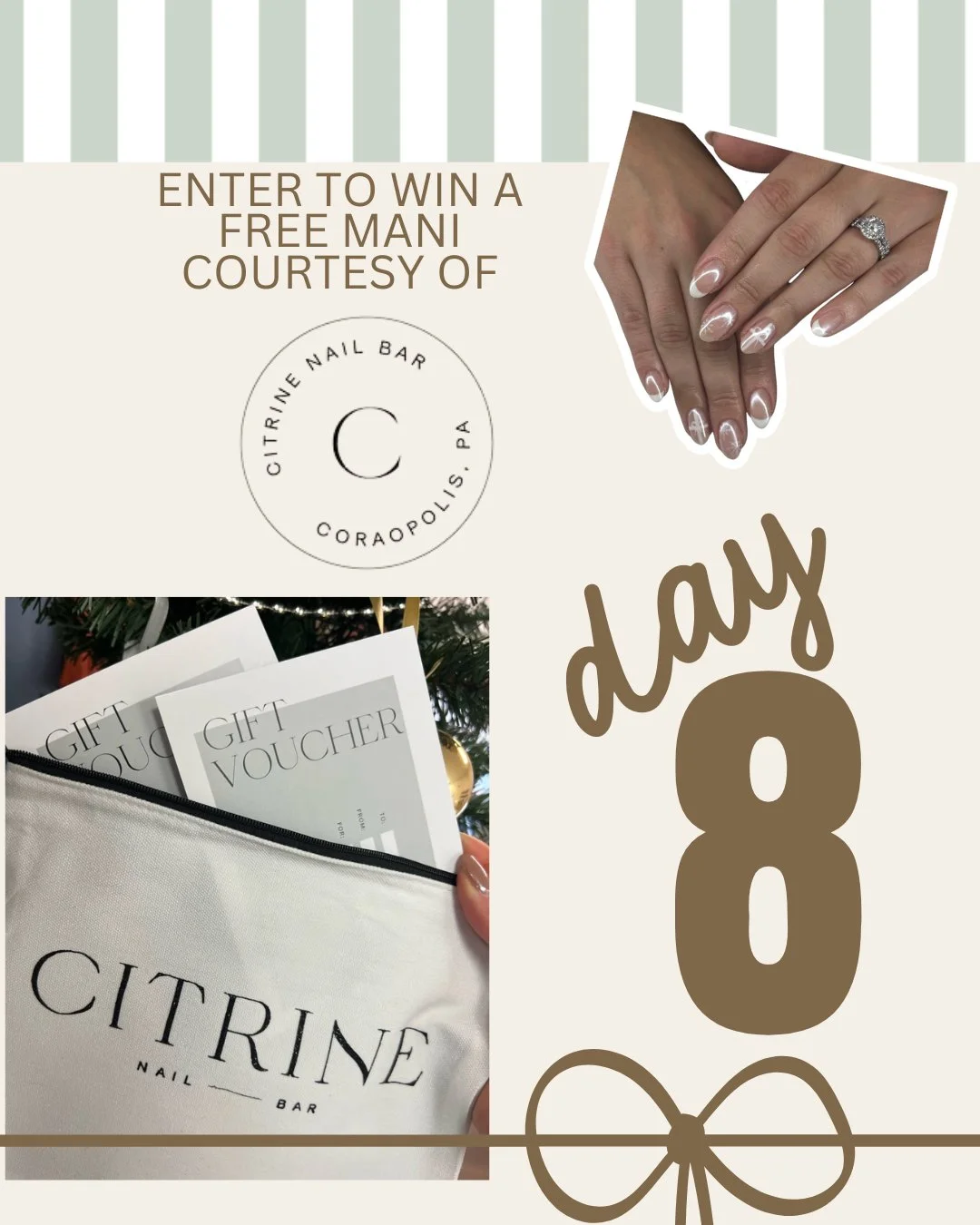 DAY 8 of our 8 DAYS OF GIVEAWAYS is here!

We&rsquo;re ending this season of giving with a treat for the mama who deserves a little self‑care. 💅

We&rsquo;ve teamed up with @citrinenailbar to gift one lucky winner a FREE manicure gift card!

Citrine