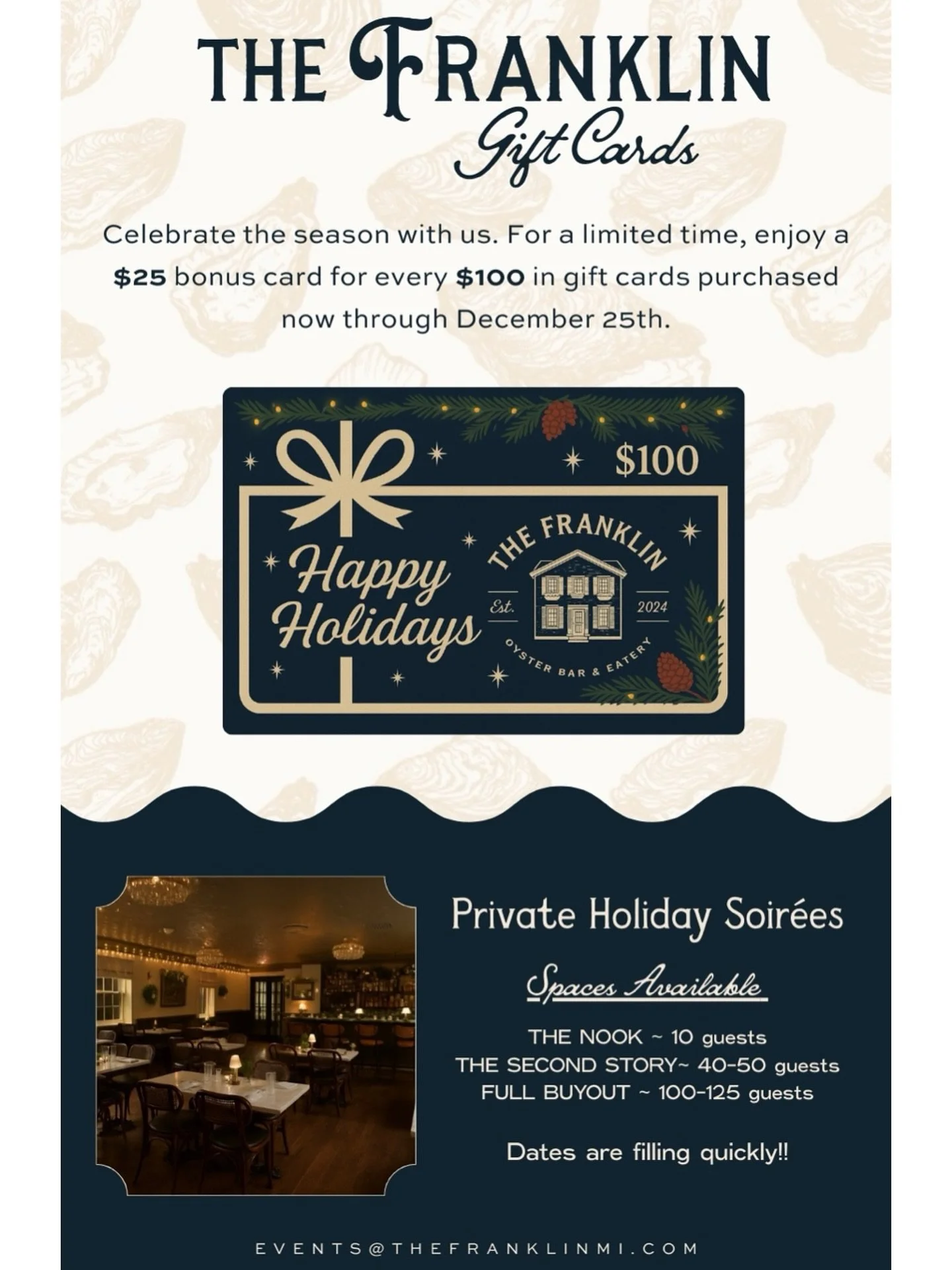 Thoughtful gifts. Festive tables. Holiday nights worth gathering for ✨
$25 bonus card for every $100 in gift cards, now through December 25th.
Now booking private holiday celebrations.