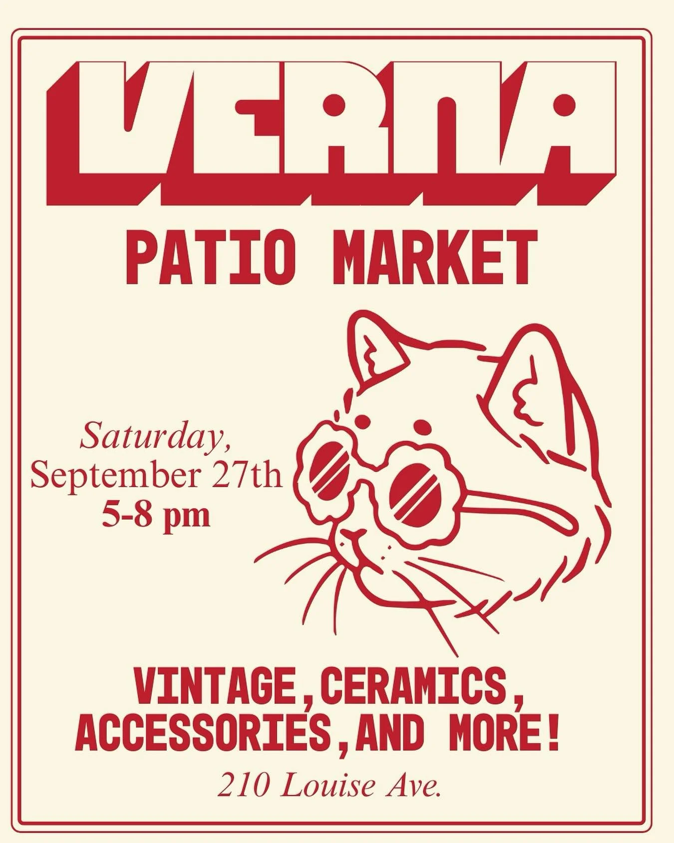 📌 | PATIO MARKET @ VERNA
⏰ | September 27th, 5-8pm

Self-care looks a lot like buying vintage and ceramics you didn't know you needed on a Saturday night. Come grab a cocktail while you gander and fill your bellies with the best grub in the Rock Blo