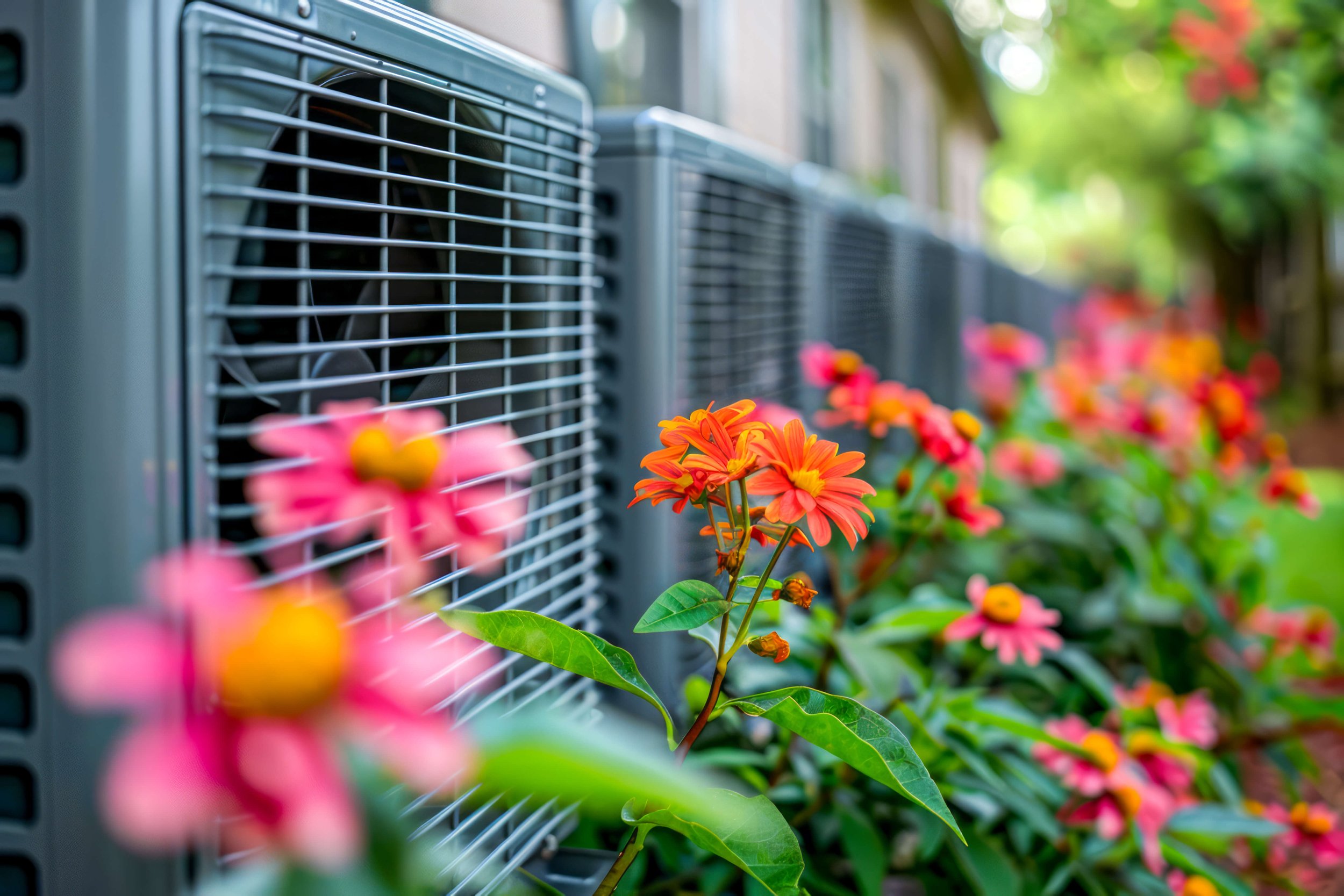 residential hvac system outside with flowers