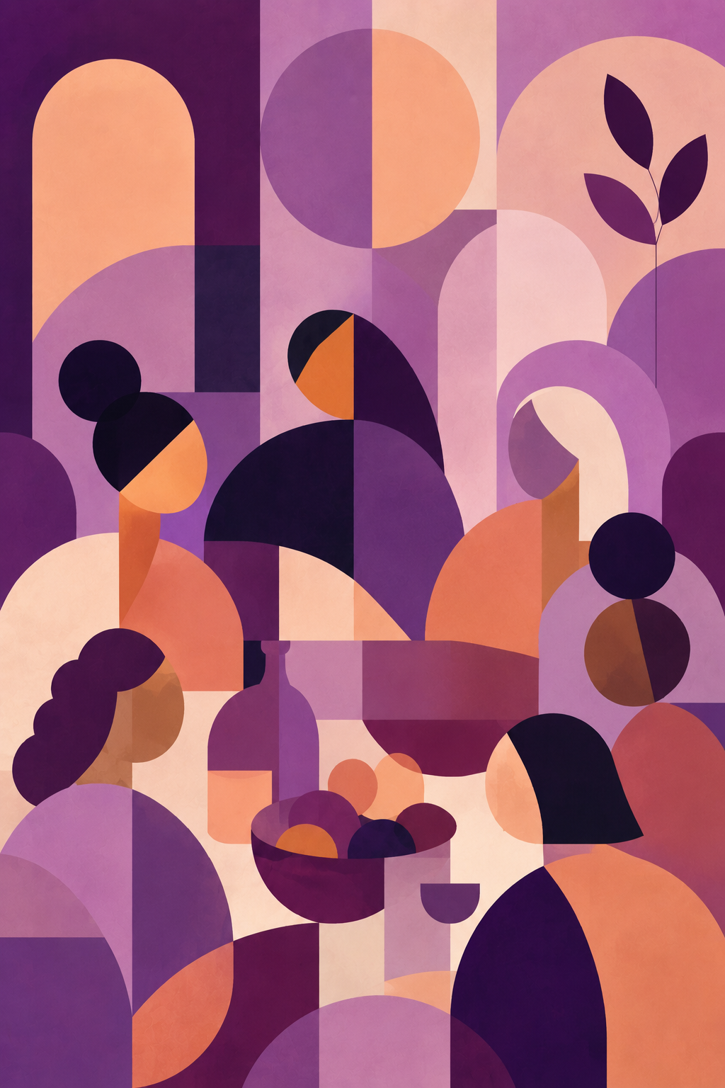 Abstract geometric artwork in shades of purple, pink, orange, and black, depicting stylized women, bottles, a bowl of fruit, and plant shapes.