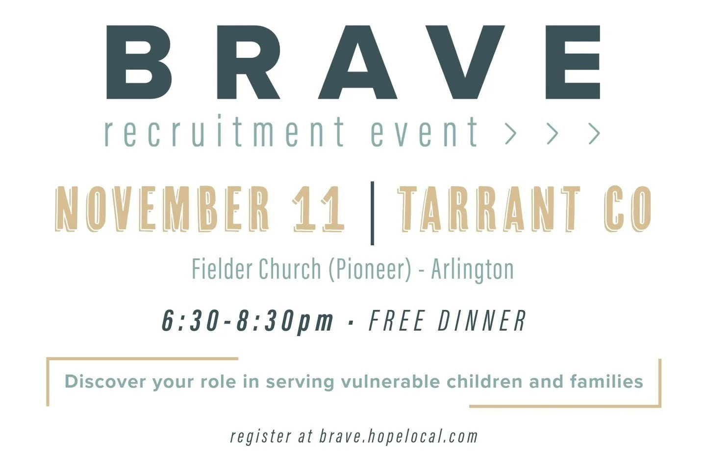 CASA del Condado de Tarrant se complace en ser parte de BRAVE en la Iglesia Fielder - una noche inspiradora diseñada para ayudar a la gente a descubrir cómo pueden hacer una diferencia para los niños vulnerables y las familias en nuestra comunidad.

Si alguna vez te has preguntado