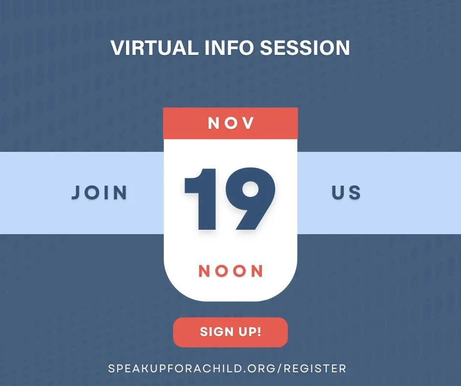 Take your lunch break and make a difference. 💙

Join us for a CASA Volunteer Info Session on Wednesday, November 19 at 12:00 PM (virtual). In just one hour, you&rsquo;ll learn how you can stand up for children in foster care and use five hours a mon