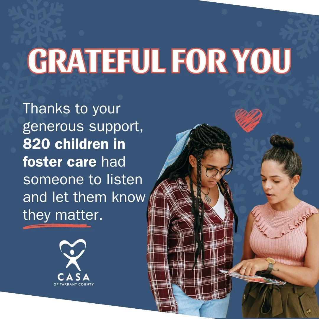 This season of thanks, we&rsquo;re filled with gratitude for the incredible volunteers, donors, and friends who make our work possible. 💙

Because of you, more than 820 children in foster care had someone by their side to listen, advocate, and remin