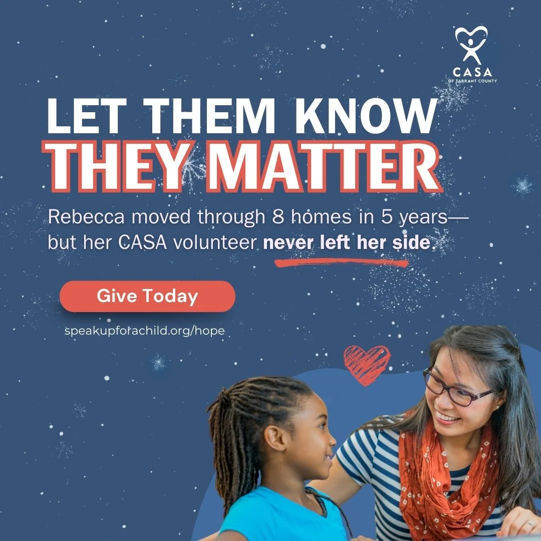 Rebecca moved through 8 homes and 8 schools in 5 years.

But she had one constant: her CASA volunteer, Anne.💙

Your gift today helps ensure more children in foster care have an advocate who shows up for them.

Give hope today!

👉  https://www.speak