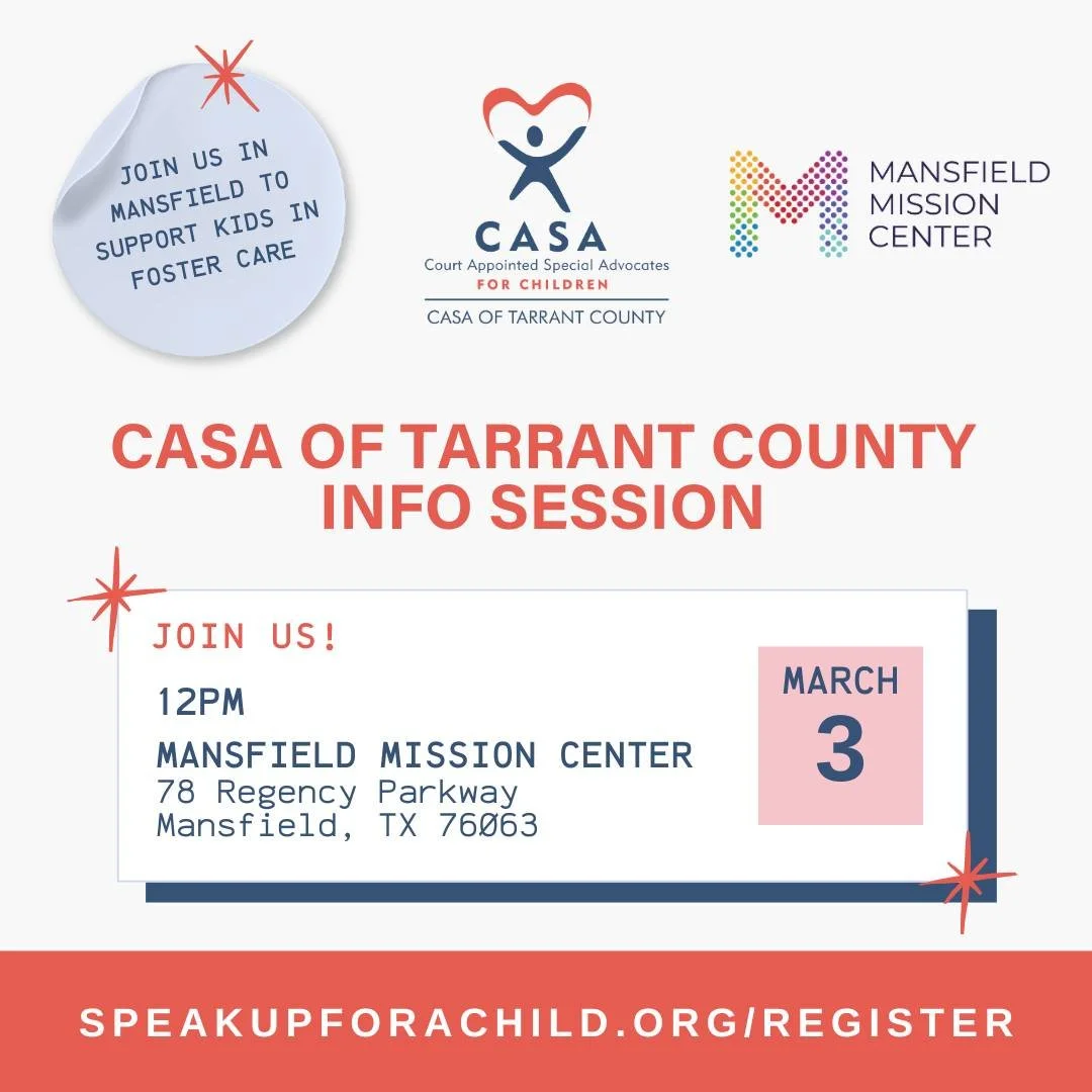 ¡Únete a nosotros en Mansfield para apoyar a los niños en acogida! Nos hemos asociado con @mansfieldmissioncenter Mansfield Mission Center y buscamos voluntarios compasivos que defiendan los intereses de los niños que han sido separados de sus hogares.