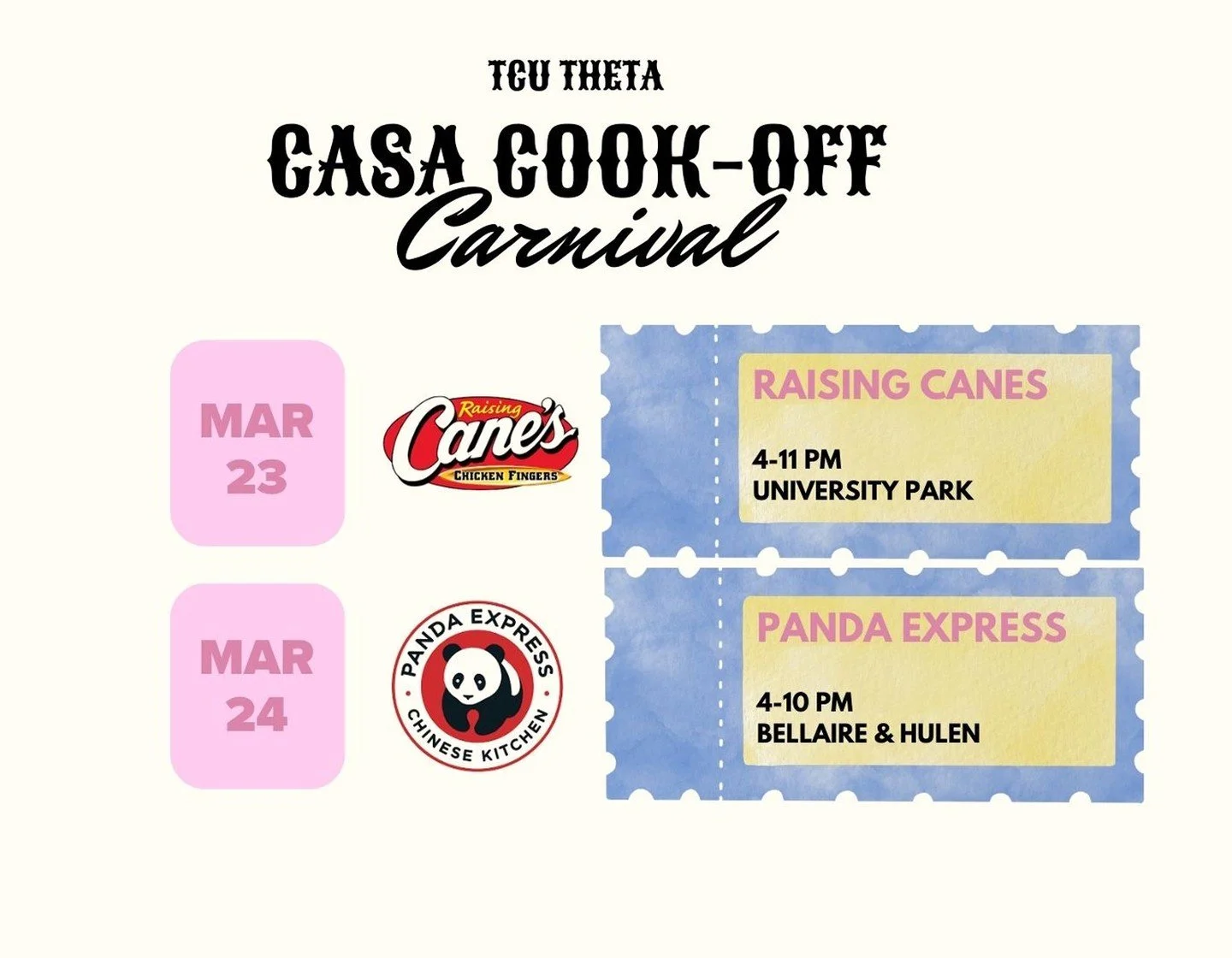 ¡El carnaval culinario @tcutheta CASA dura toda esta semana! Hoy, menciona «TCU Theta» en la caja de Raising Cane's (University Park) y mañana pásate por Panda Express (en la esquina de Bellaire y Hulen). ¡Los beneficios se destinarán a CASA del condado de Tarrant!