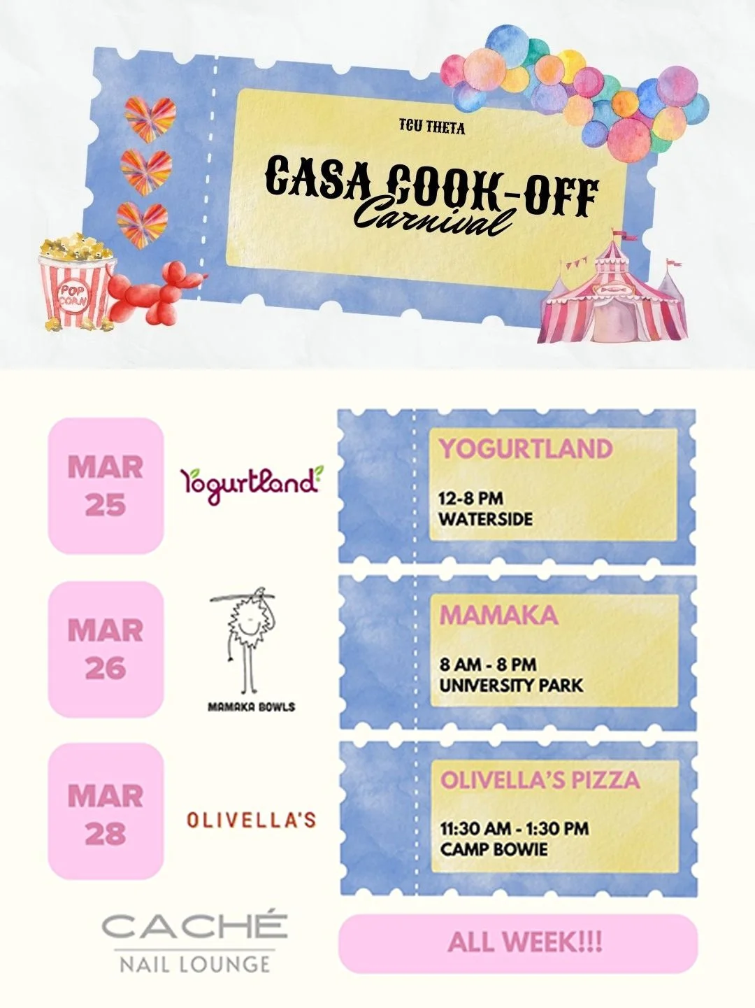 The @tcutheta CASA Cook-Off Carnival is still happening this week and there are many more opportunities to support CASA! Today, grab some fro-yo at Yogurtland (Waterside), tomorrow visit @Mamakabowls in University Park and on Saturday, grab lunch at 