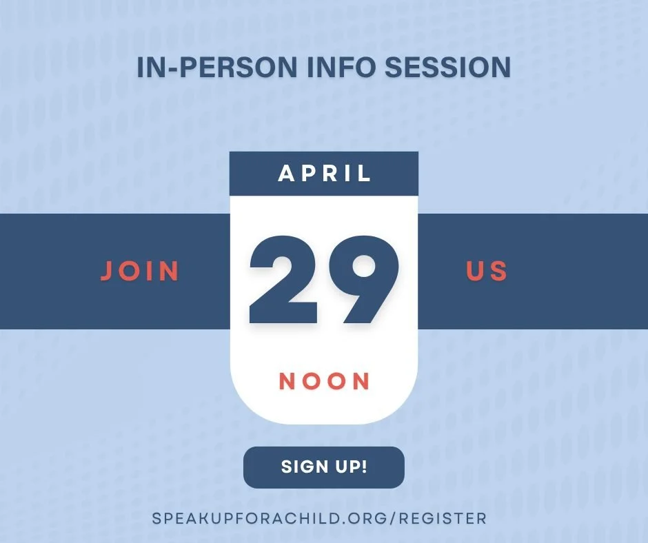 Curious about becoming a CASA volunteer? Start here.

Join us for an in-person Information Session and learn how you can advocate for a child in foster care, and make a lasting impact.

🗓 April 29
⏰ 12:00 PM
📍 In-person at the CASA Office

Save you