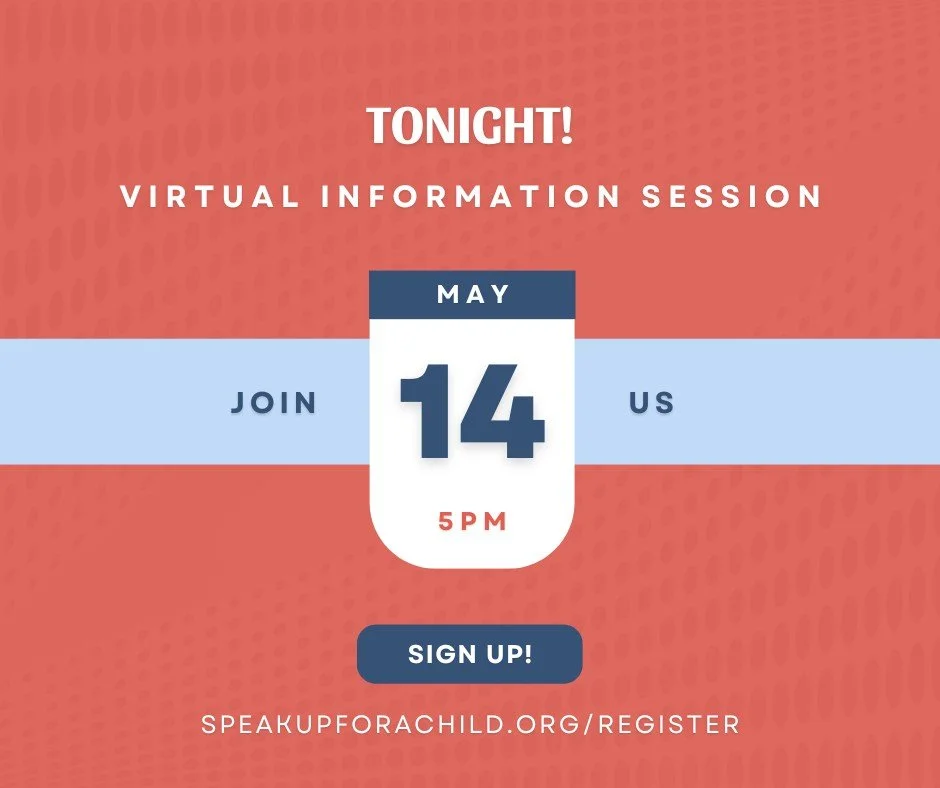 Tonight at 5pm - join us virtually!

We are offering an online Information Session. Come find out if volunteering with CASA of Tarrant County is right for you. Sign up at www.speakupforachild.org/register