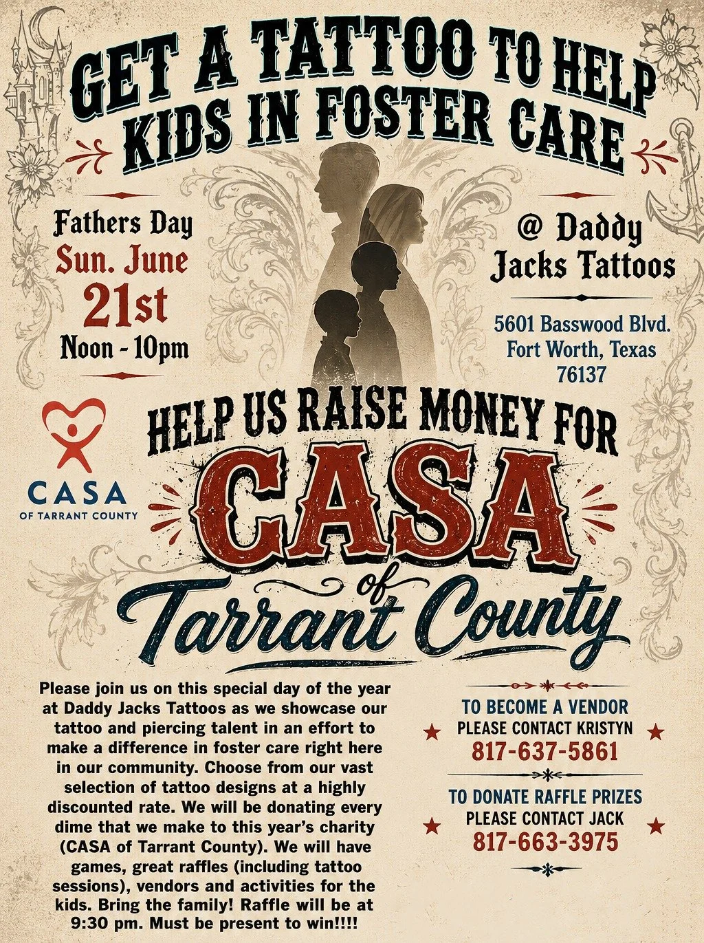 🖤 THIS FATHER&rsquo;S DAY, GET INKED FOR A CAUSE 🖤

Join us Saturday, June 21 from 12&ndash;10 PM at @daddyjackstats for a special fundraiser benefiting CASA of Tarrant County! Daddy Jacks Tattoos is donating ALL proceeds back to CASA for the day!
