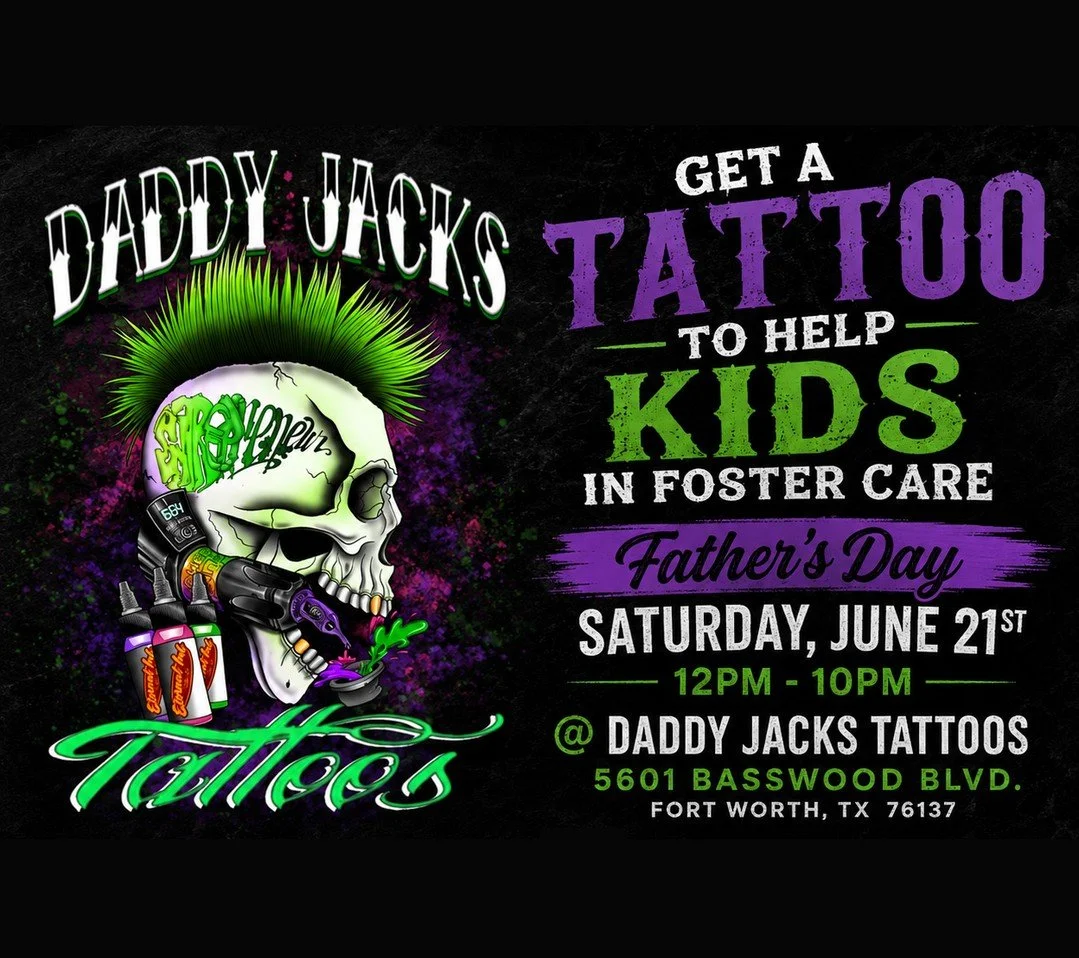Únete a @Daddyjackstats el 21 de junio, de 12:00 a 22:00, en un evento especial de recaudación de fondos a beneficio de CASA del condado de Tarrant y de los niños en acogida de nuestra comunidad.

Disfruta de diseños de tatuajes con descuento, piercings, rifas, puestos, juegos y actividades para toda la familia...