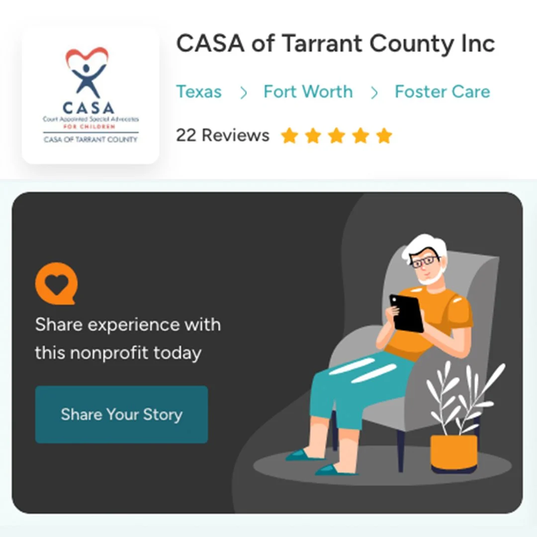 💙 ¡Ayuda a que CASA del condado de Tarrant brille! 💙

Tu reseña en @greatnonprofits nos ayuda a aumentar nuestra visibilidad, ampliar nuestro impacto y seguir siendo reconocidos como una organización sin ánimo de lucro mejor valorada.

✨ ¡Comparte tu experiencia y apoya nuestra misión!

👉 Deja una reseña hoy mismo en g