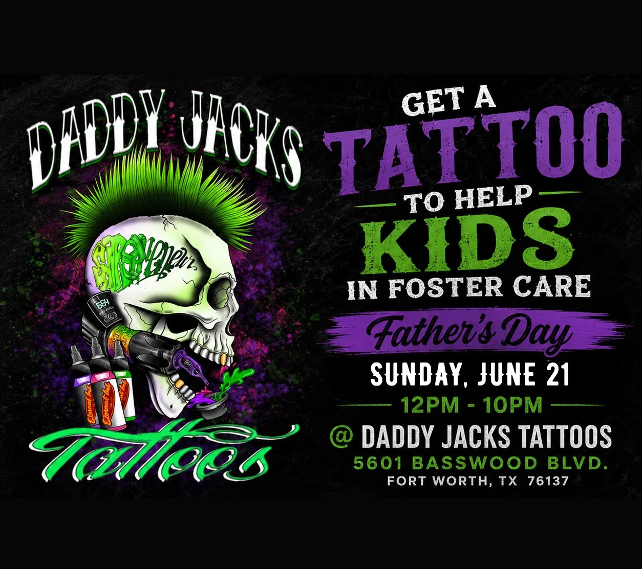 Únete a @Daddyjackstats el 21 de junio, de 12:00 a 22:00, en un evento especial de recaudación de fondos a beneficio de CASA del condado de Tarrant y de los niños en acogida de nuestra comunidad.

Disfruta de diseños de tatuajes con descuento, piercings, rifas, puestos, juegos y actividades para toda la familia...