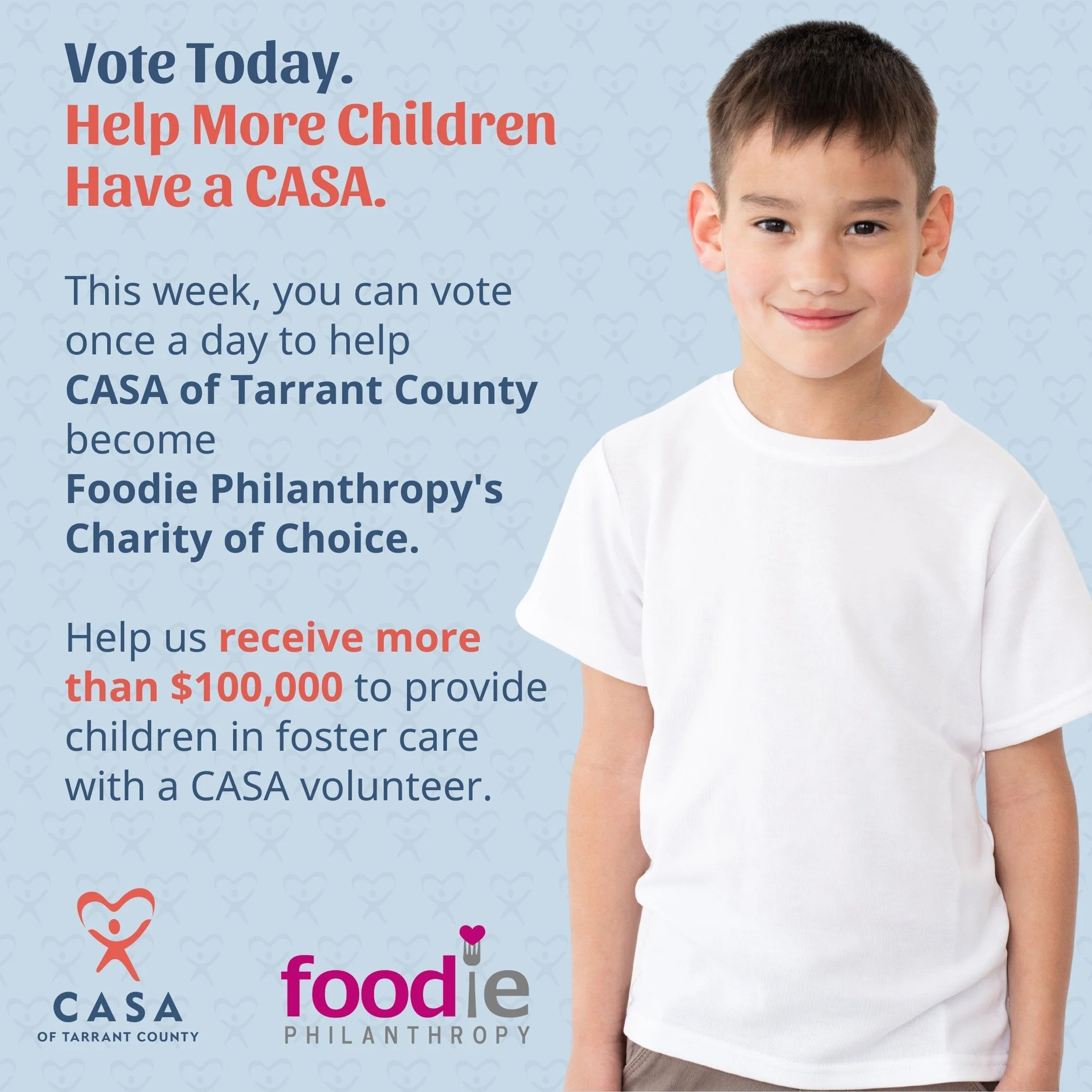 Your vote can make a difference for children in foster care.

CASA of Tarrant County is a finalist for Foodie Philanthropy's Charity of Choice. If selected, the partnership could provide more than $100,000 to help recruit, train, and support CASA vol