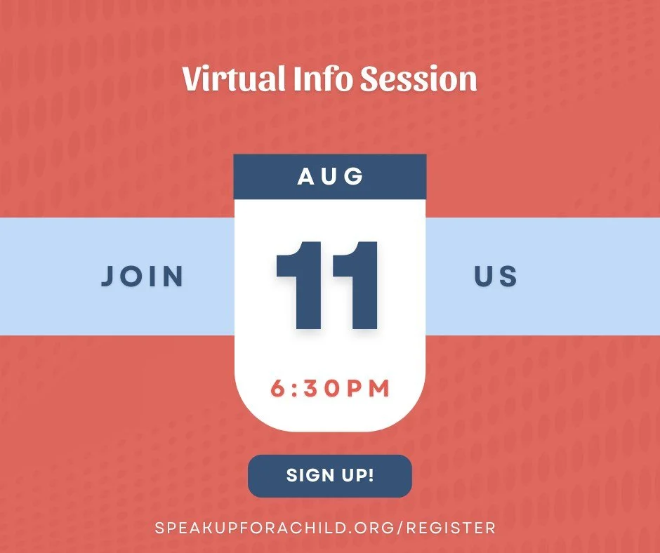 Want to learn more about becoming a CASA volunteer from the comfort of home?

Join us for a Virtual Volunteer Information Session on Tuesday, August 11, at 6:30 p.m. to discover how you can make a life-changing difference for children in foster care.
