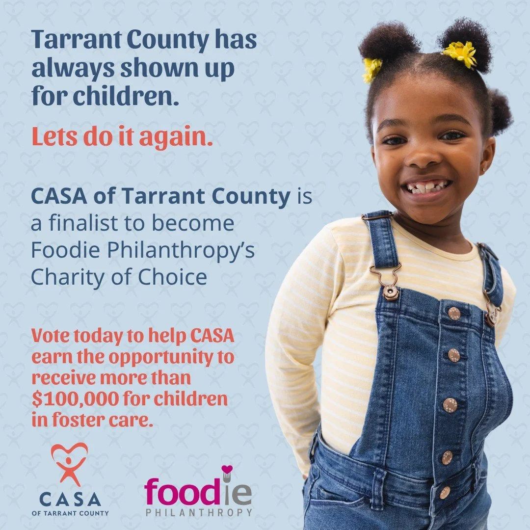 Tarrant County has always shown up for children. Let's do it again. 💙🧡

CASA of Tarrant County has been selected as a finalist to become @FoodiePhilanthropy Charity of Choice.

If selected, CASA could receive more than $100,000 to help recruit, tra