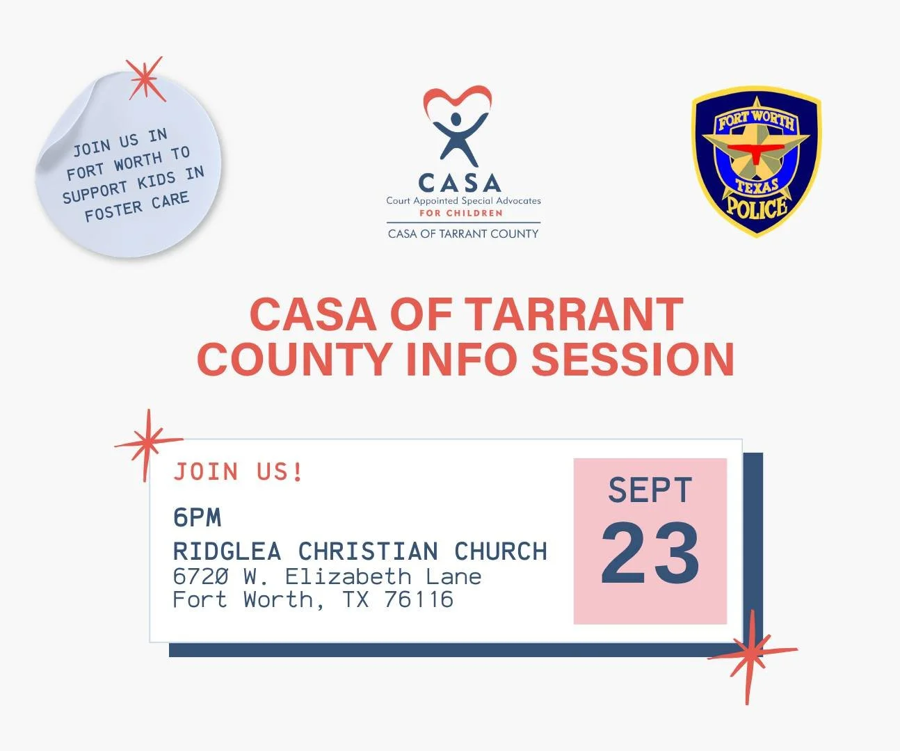 Connect. Learn. Make an Impact.

Join CASA of Tarrant County, Ridglea Christian Church, and the Fort Worth Police Department for an evening of community connection and conversation. Hear simple ways we can help strengthen and support our neighborhood