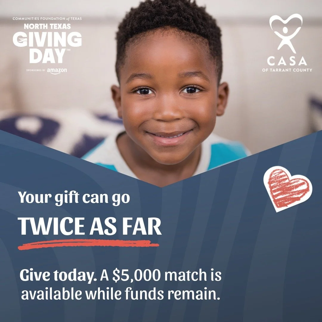 Exciting news! A generous partner has provided $5,000 in matching funds. While those funds remain, every @NorthTexasGivingDay gift will be matched dollar for dollar!

For a child in foster care, a CASA volunteer is someone focused on them&mdash;their