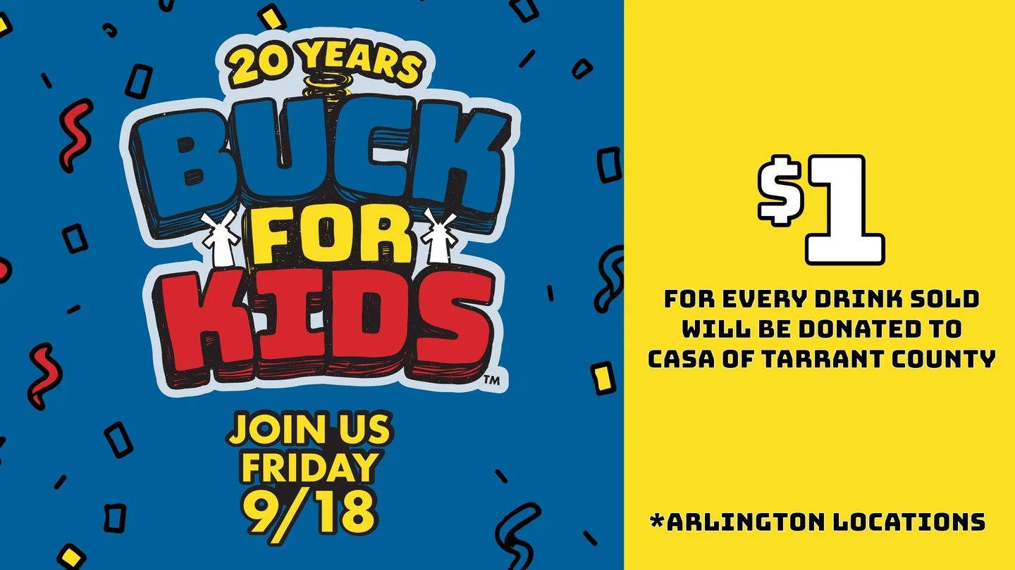 Buck for Kids is TODAY! For every drink sold TODAY at five participating Arlington-area Dutch Bros locations, $1 will be donated by @DutchBrosCoffee and the Dutch Bros Foundation&reg; to CASA of Tarrant County.

Stop by any of these participating loc