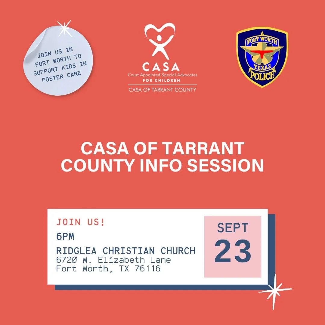 📣 We&rsquo;re looking for more neighbors to join us!

Join CASA of Tarrant County, Ridglea Christian Church, and the Fort Worth Police Department TOMORROW for an evening centered on community, connection, and making a difference.

Hear practical way