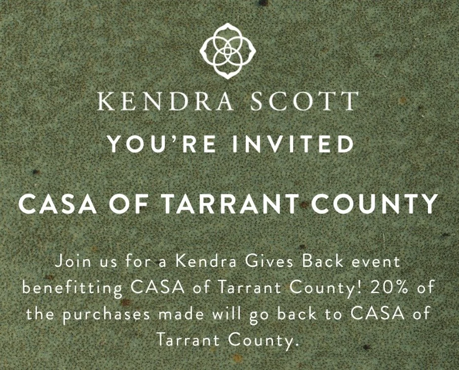 Shine bright and do good! ✨

Shop with a purpose at the Kendra Gives Back event benefiting CASA of Tarrant County!

Join us at Kendra Scott at Southlake Town Square on November 5th from 5&ndash;7 PM, and 20% of your purchase will be donated to CASA t