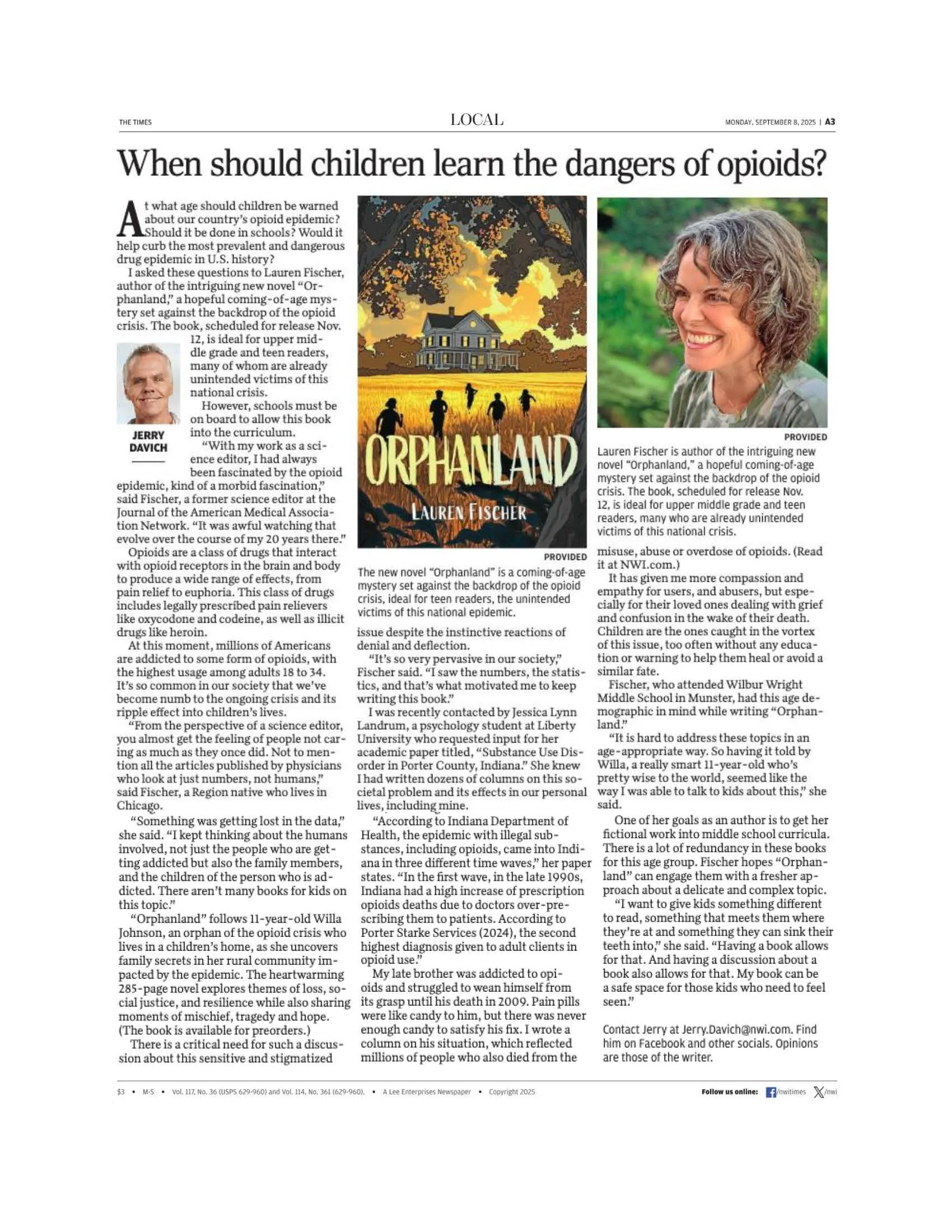 Newspaper article titled 'When should children learn the dangers of opioids?' including a book cover of 'Orphanland' by Lauren Fischer and a photo of the author.