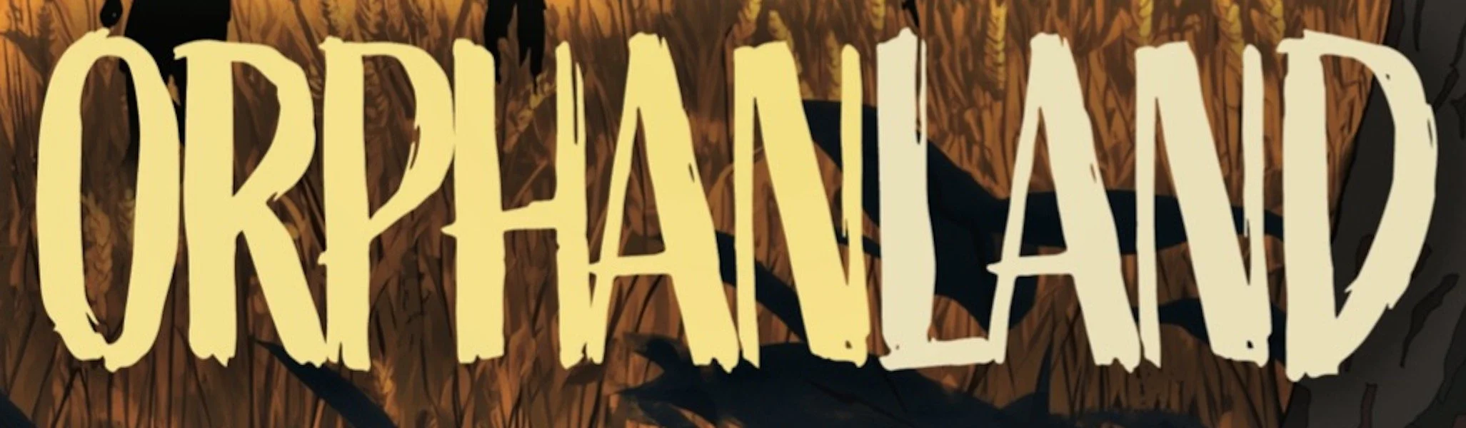 Close-up of text that says 'ORPHANLAND' written in large, uneven yellow letters.