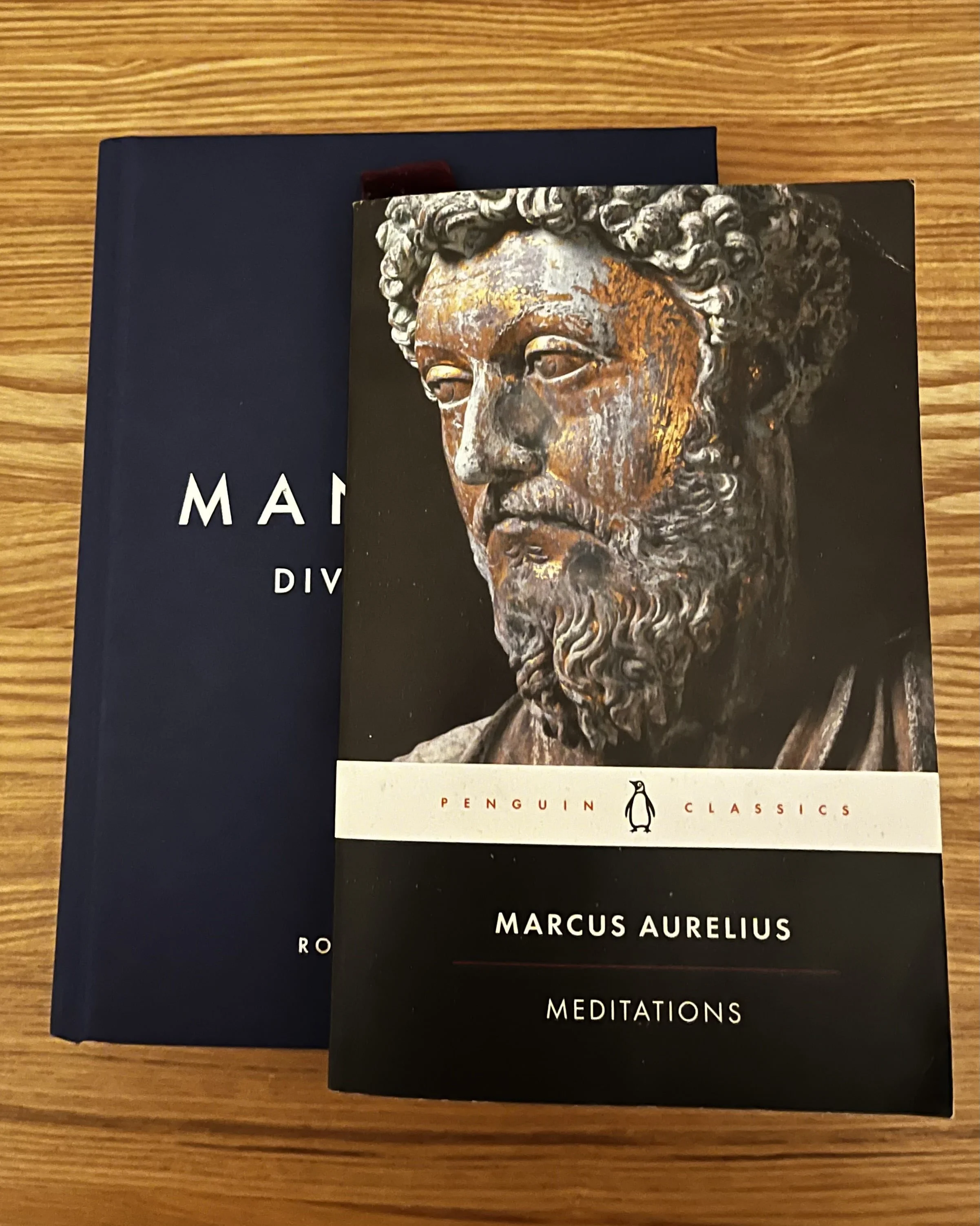 Four books are stacked on a wooden surface. The top book has a cover featuring a sculpture of a bearded man's face with intricate curly hair, and the bottom book has a black cover with text 'MARCUS AURELIUS' and 'MEDITATIONS'.